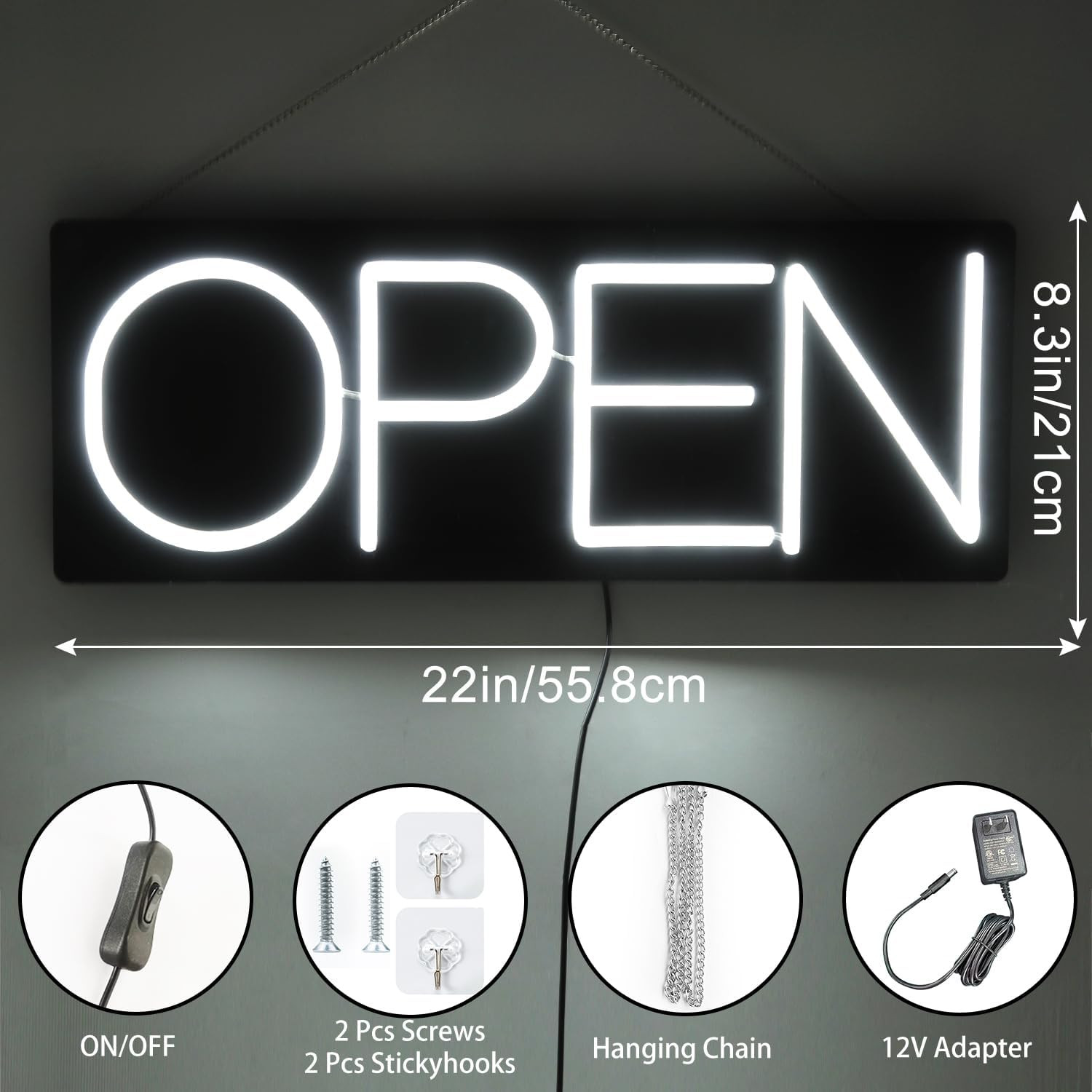 Open Signs for Business 12V/2A Ultra Bright LED Neon Open Sign 22 Inch Lighted O
