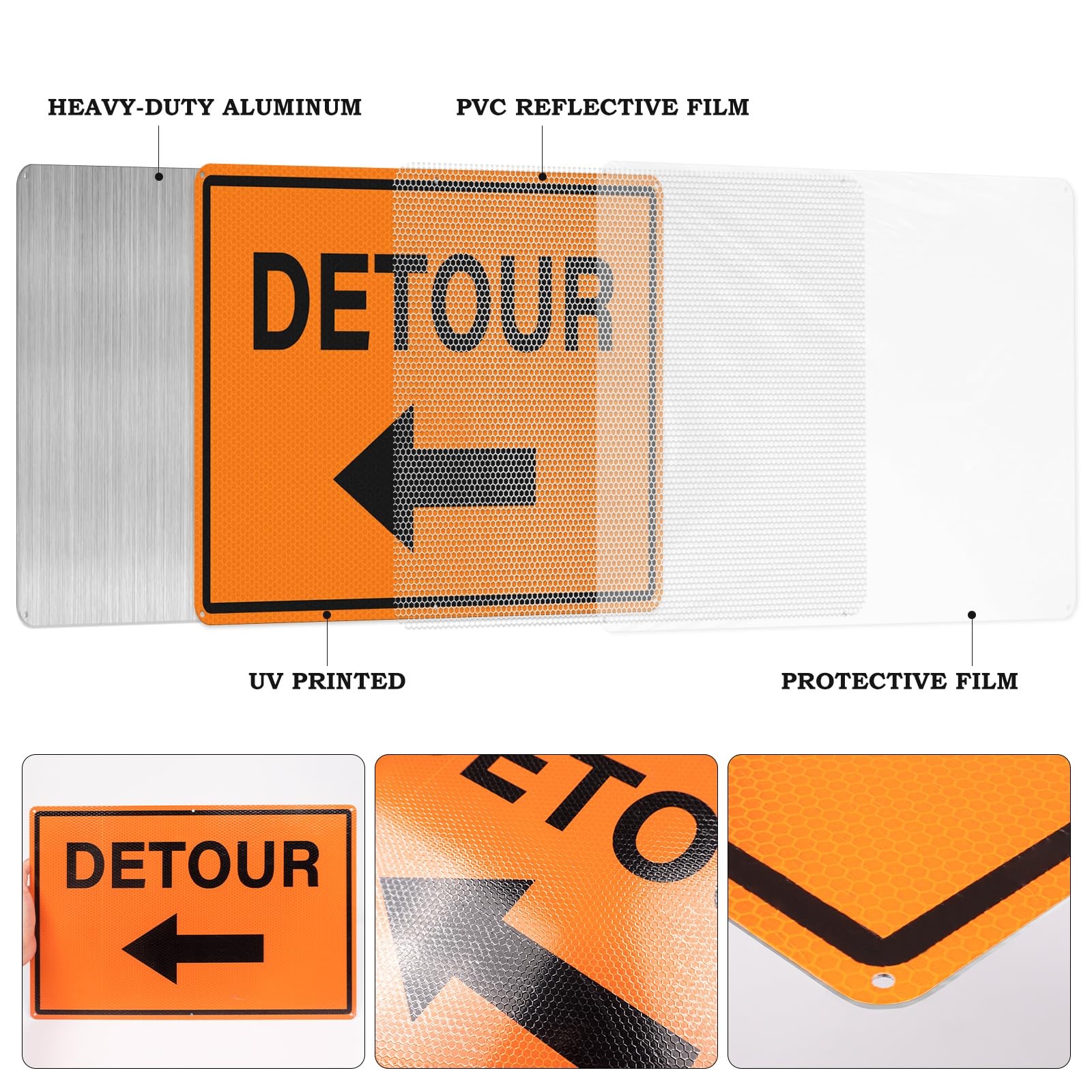 2 Pack Detour Sign Left Arrow 12×18 Inch Reflective Aluminum Road Safety