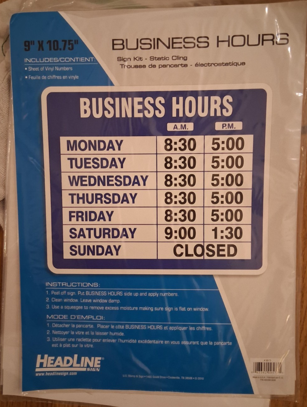 Headline Static Cling Sign, Business Hours, 9 x 10.75 “, Blue and White (9573)