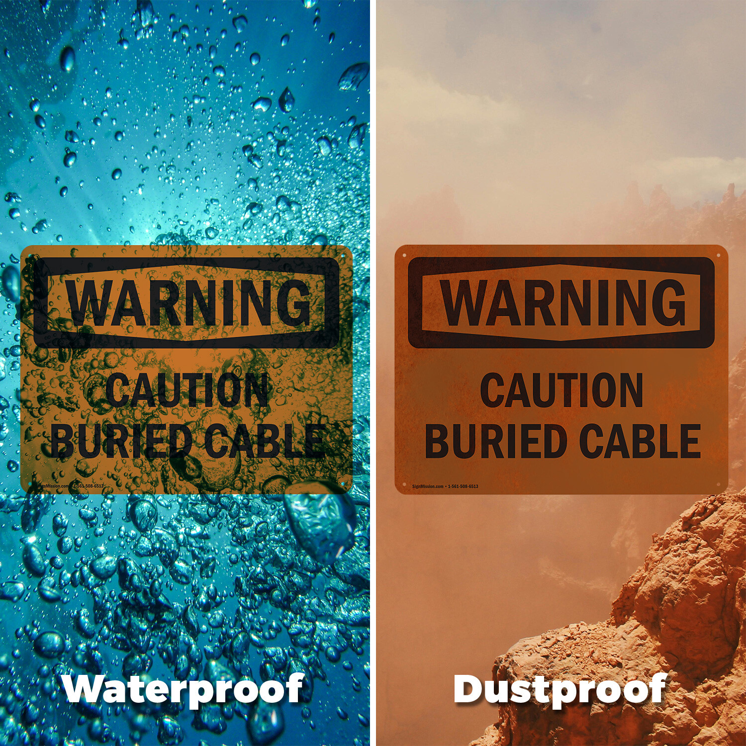 (2 Pack) Caution Buried Cable OSHA Warning Sign Decal Metal Plastic