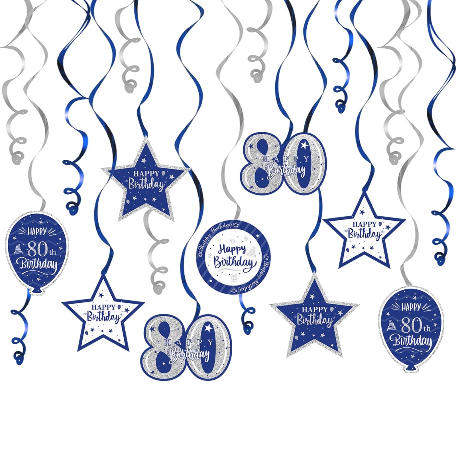 Happy 80th Birthday Blue & Silver Glitter Swirls Streamers Party Decorations …