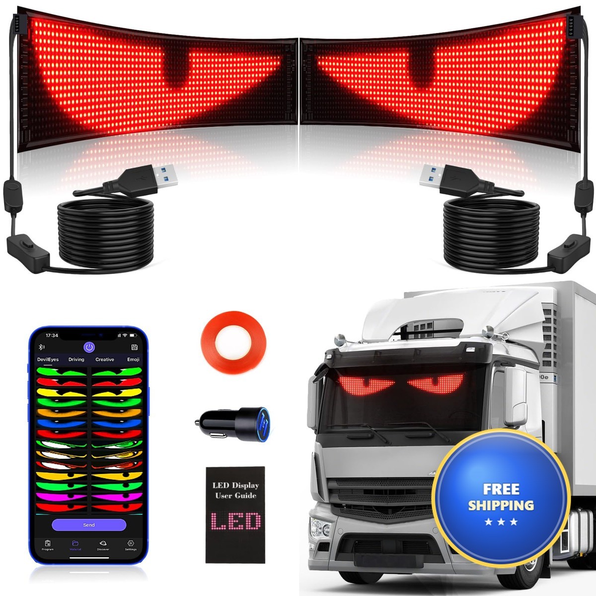 Kjoy 2PCS Synchronize Devil Eyes LED Light Truck, 23.6”x4.7” Flexible LED