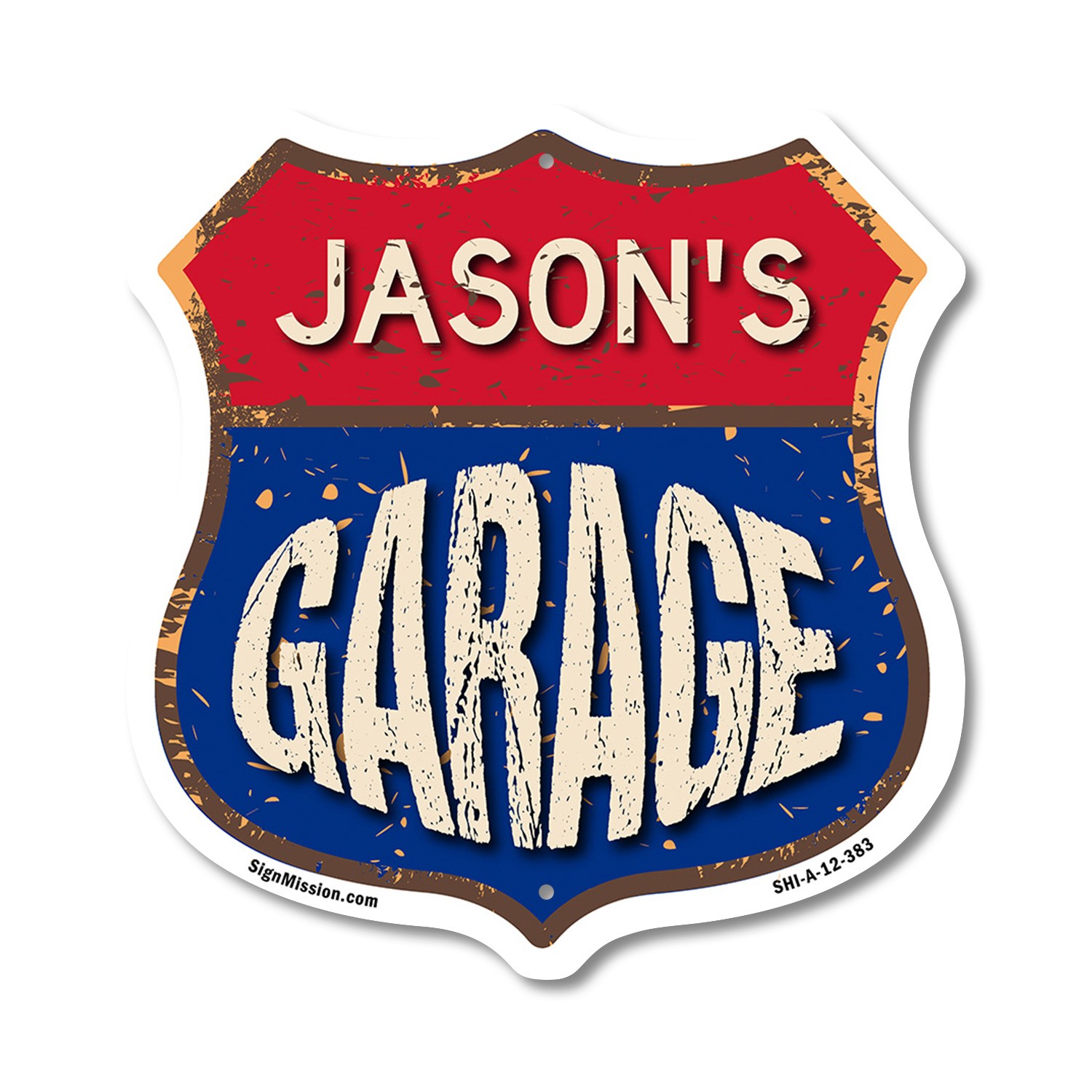 Jason’s Garage Shield Shaped Sign Weather Resistant Crafted in the USA