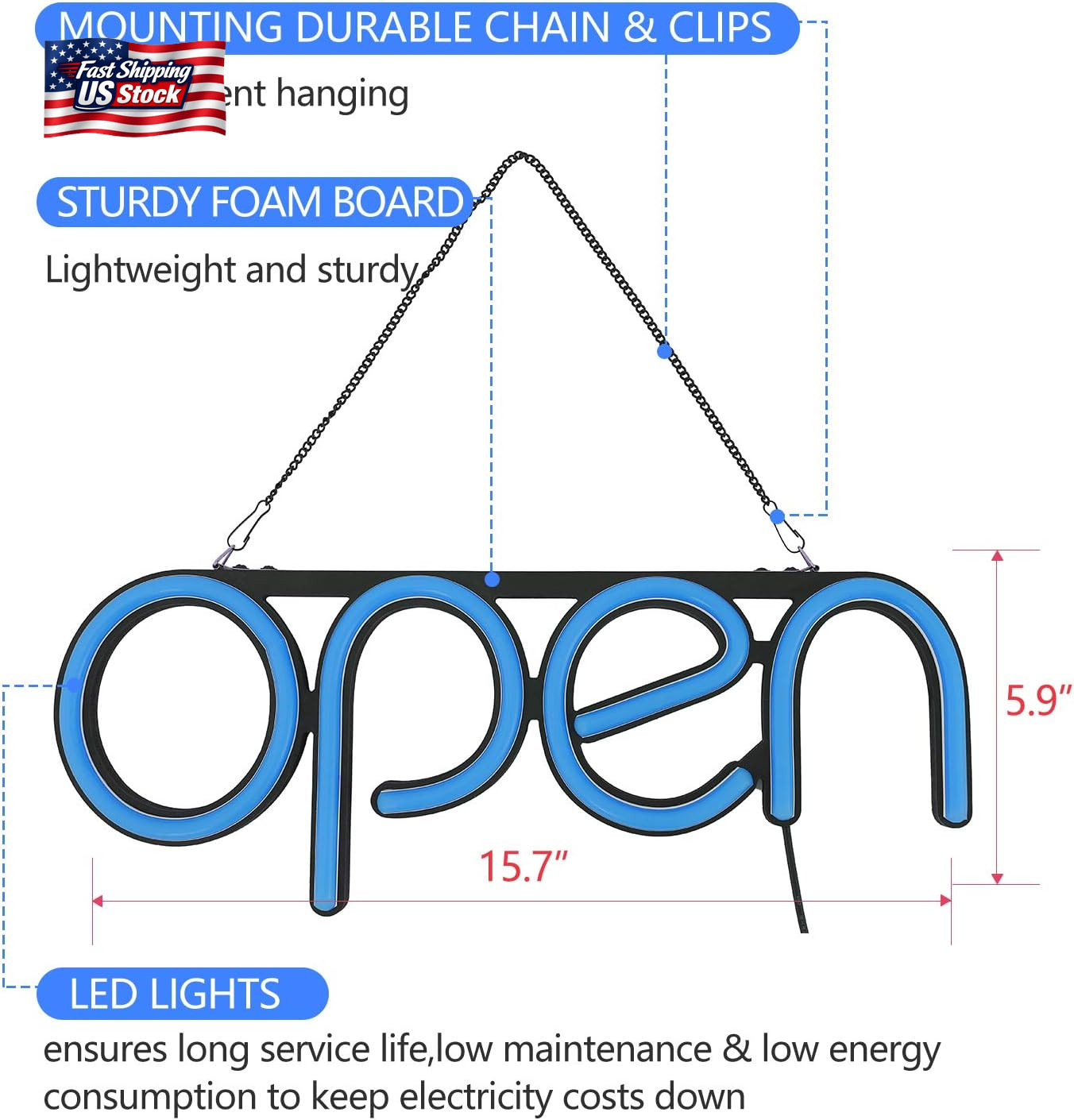 LED Open Sign,16X6 Inch Open Sign for Business,With Multiple Flashing Modes, Ide