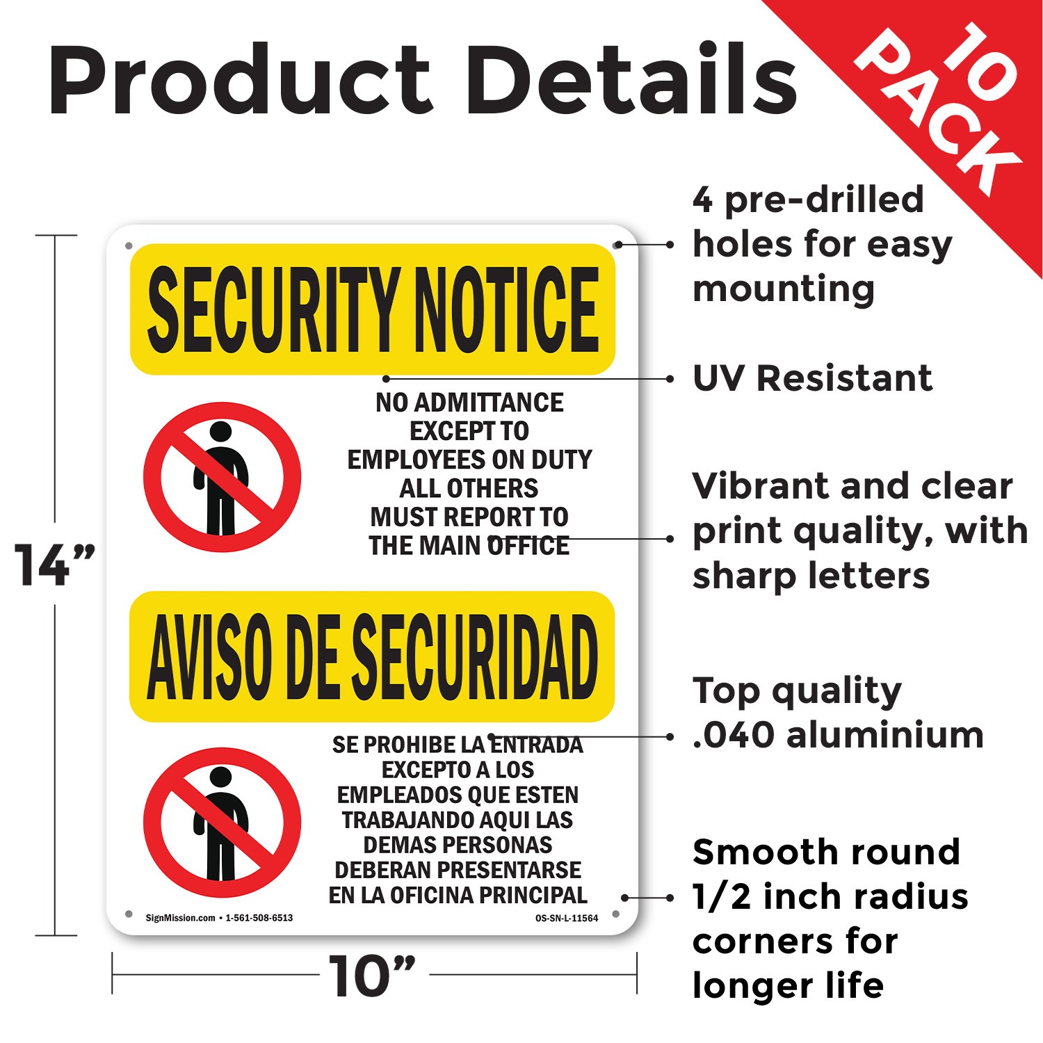 No Admittance Bilingual OSHA Security Notice Sign Metal, Decal – 5 or 10 Pack