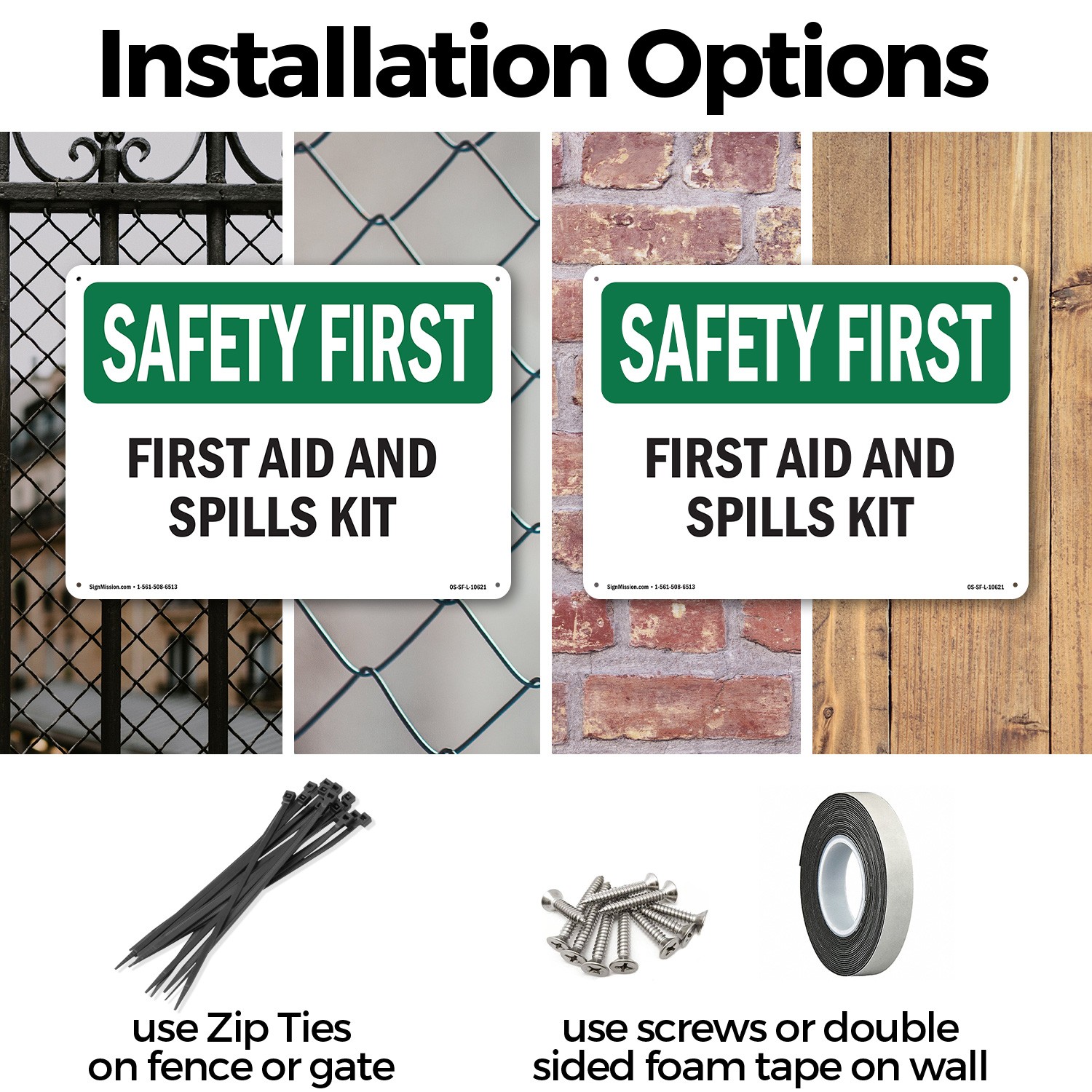 First Aid And Spills Kit OSHA SAFETY FIRST Sign Metal,, Decal 5 or 10 Pack