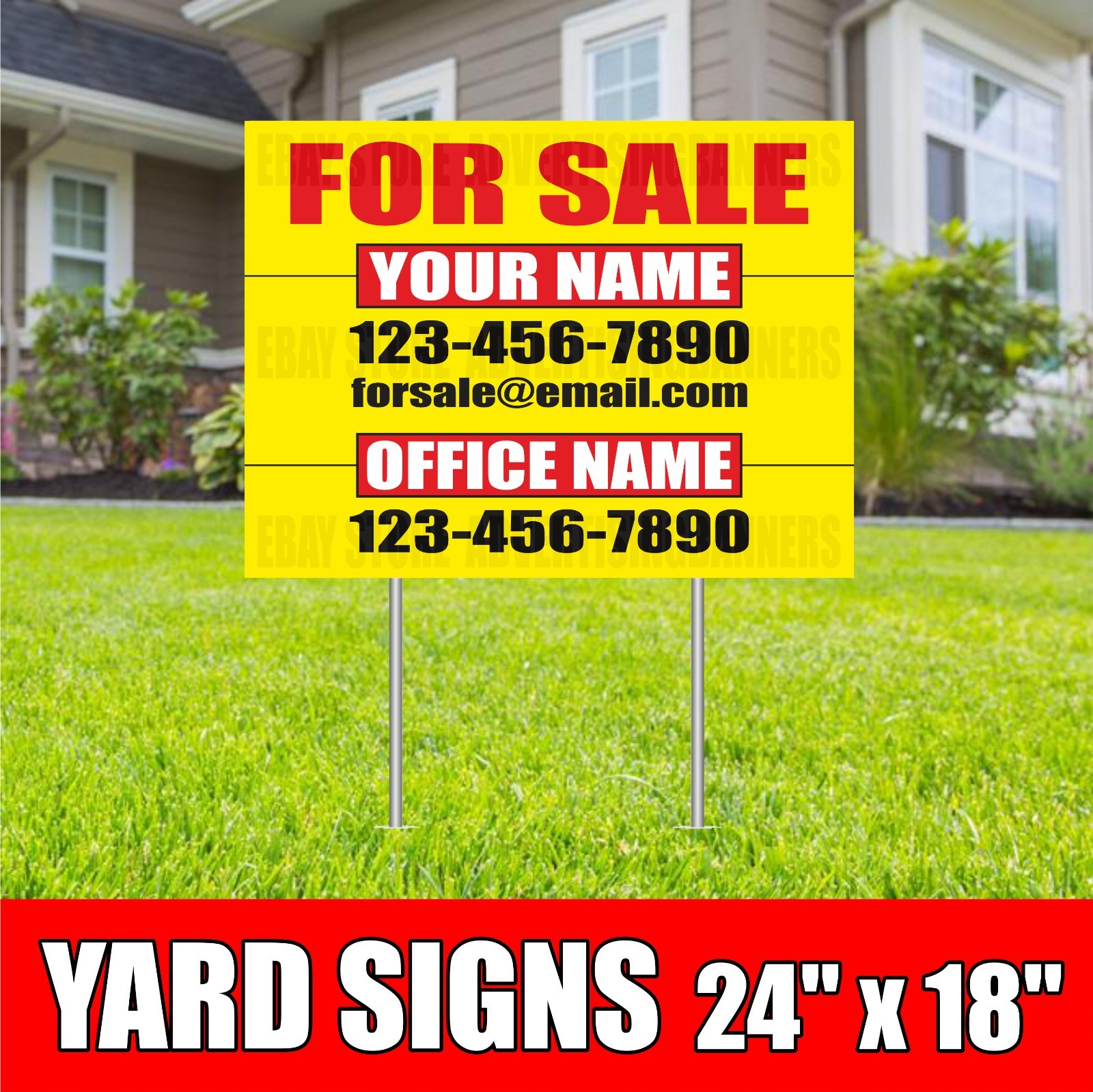 FOR SALE Yard Sign with H-Stakes Rental Custom Number email Address Office Name
