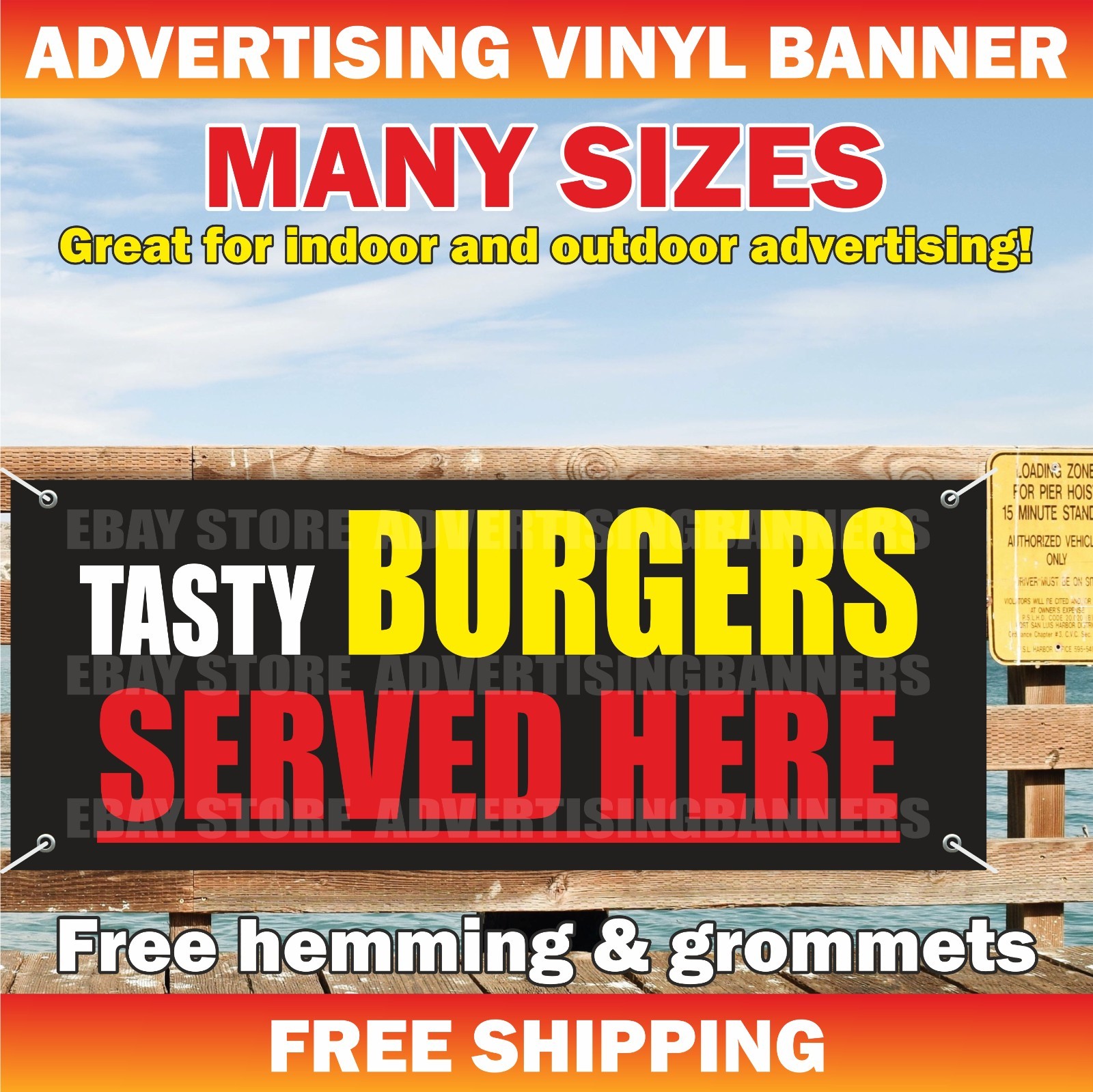 TASTY BURGERS SERVED HERE Advertising Banner Vinyl Mesh Sign Fast Food Buffet