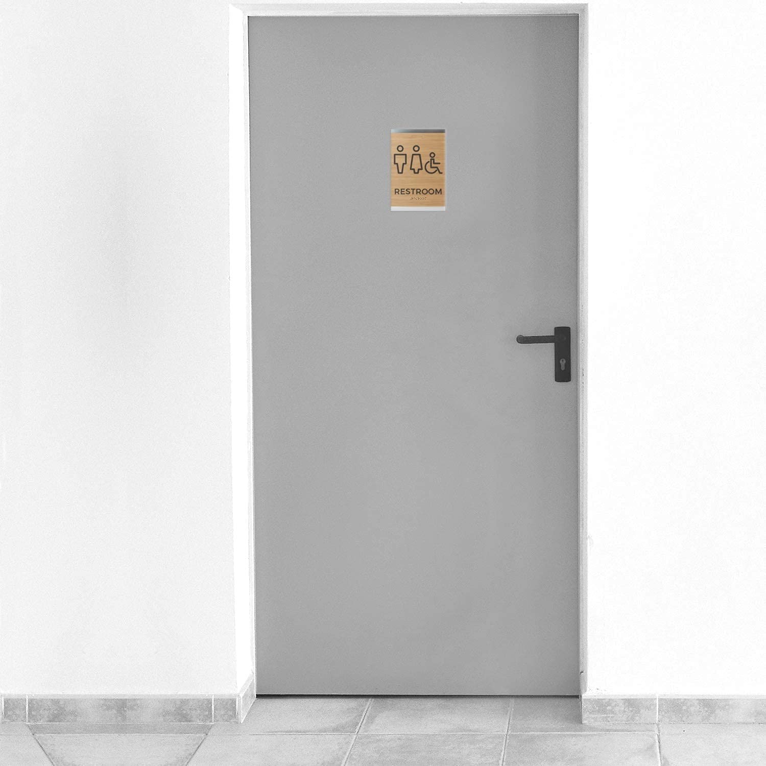 Oak Woodgrain Unisex ADA Restroom Sign 6×9 Inch Wheelchair Access Braille