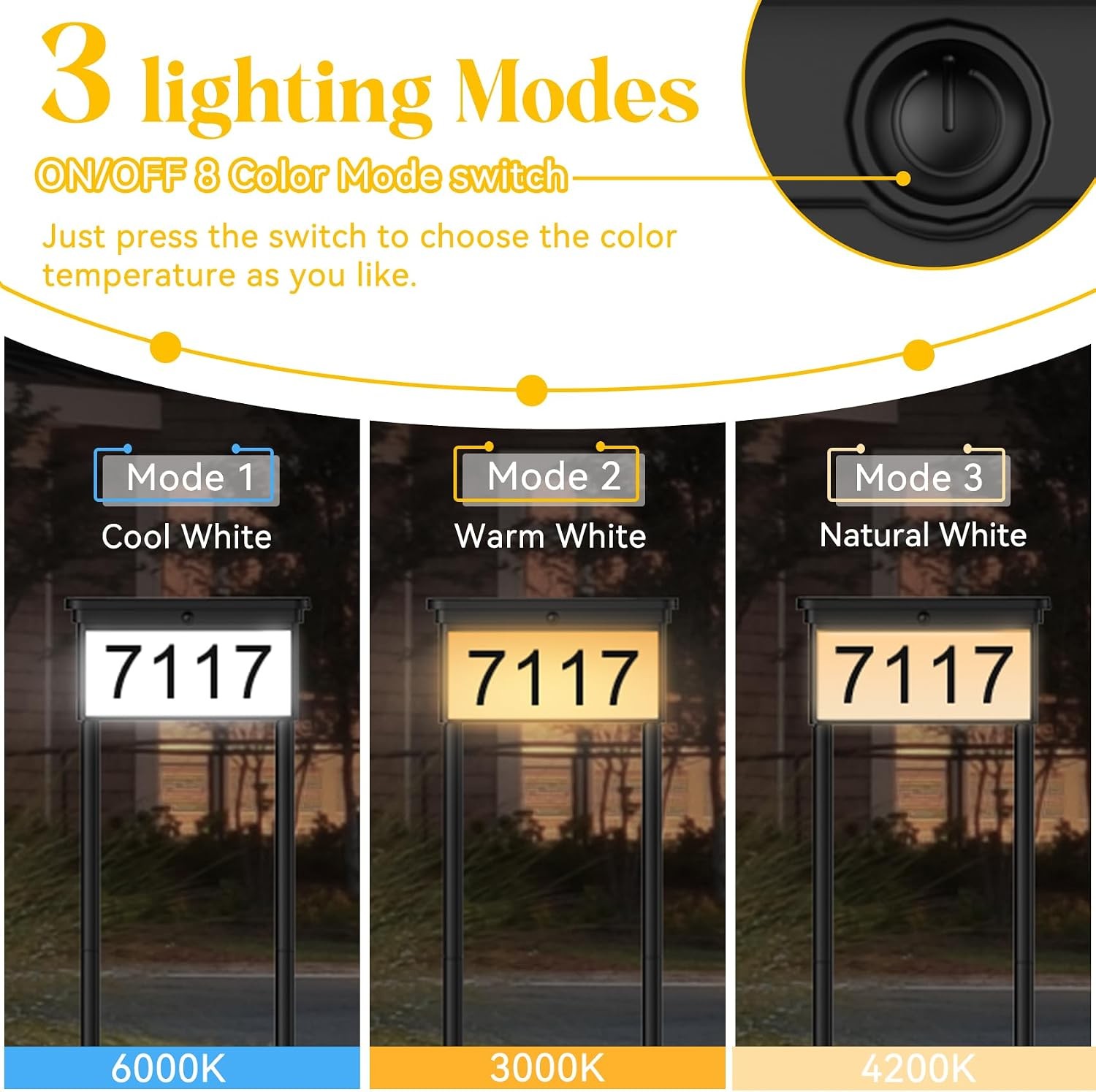 Solar Address Sign, Double-Sided 3-Color Lighting LED House Numbers Waterproof