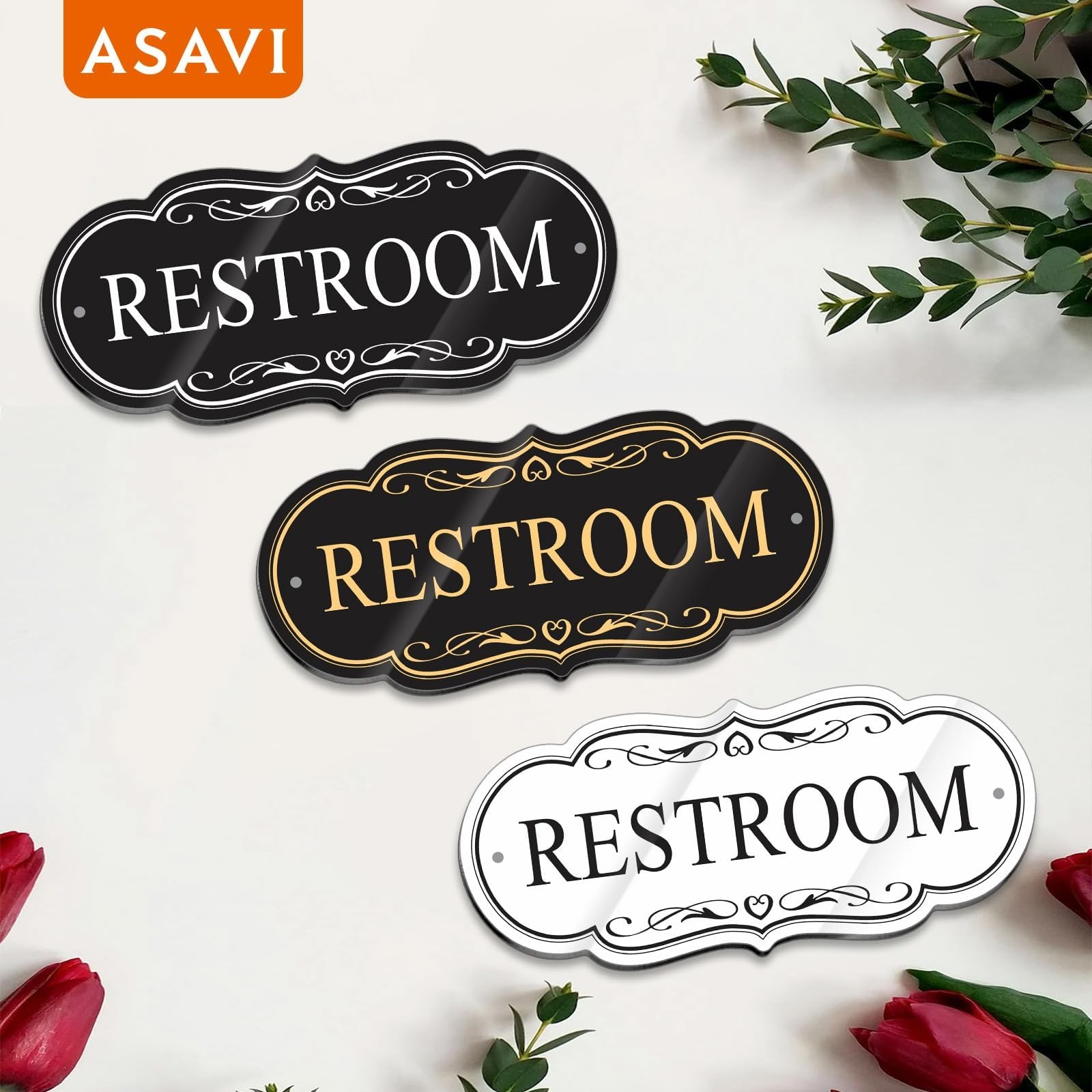 Restroom Sign 8×3.5 Inch Waterproof Acrylic SelfAdhesive Black Gold Office