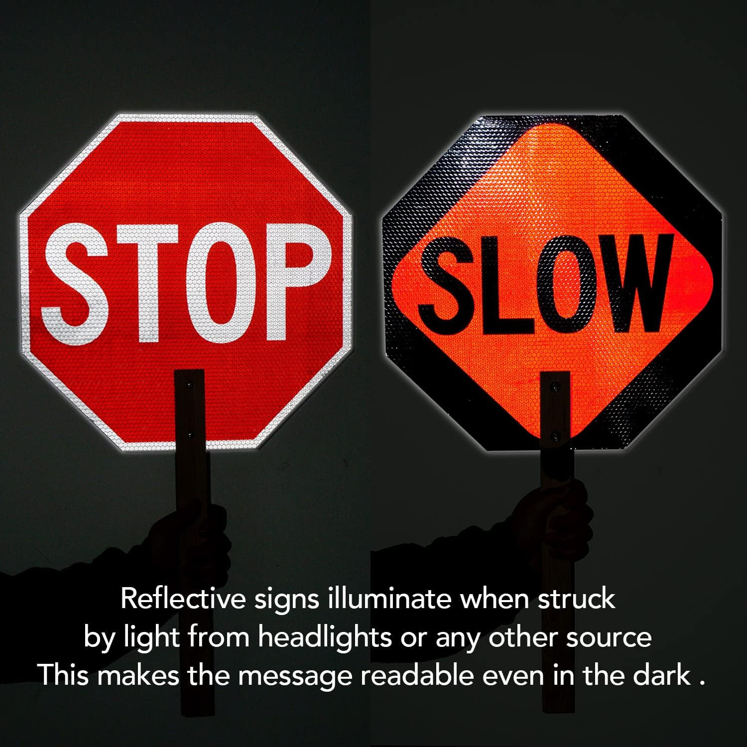Stop Slow Sign with Bamboo Handle, 2-Pack 13″ X 13″ Double Sided Engineer Grade