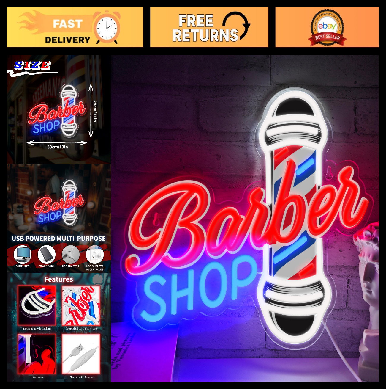 LED Barber Shop Neon Wall Sign – Hair Salon Decor, USB Powered Light for Man Cav