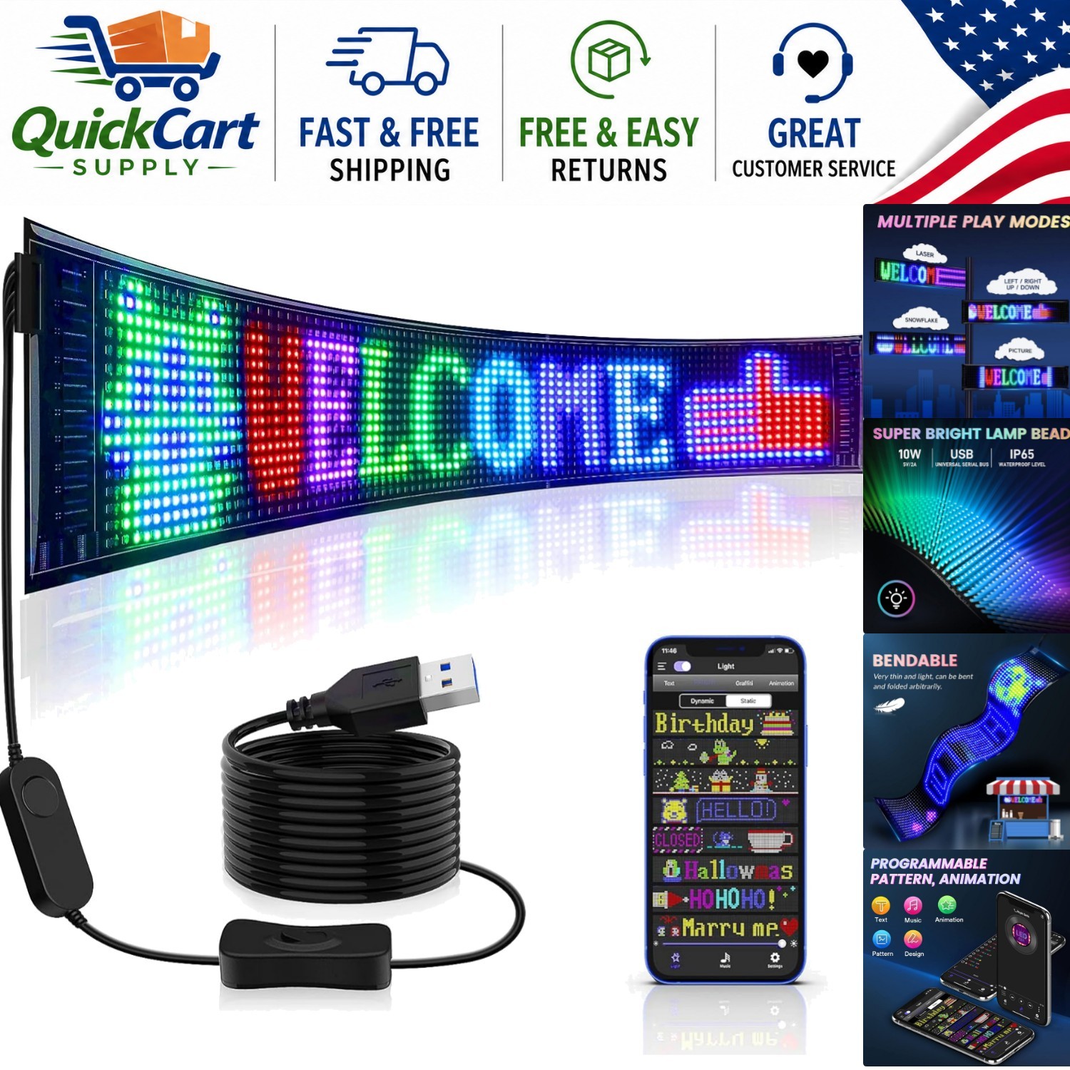 Dynamic 27”x5” LED Display Sign – Customize Text & Patterns via Bluetooth App