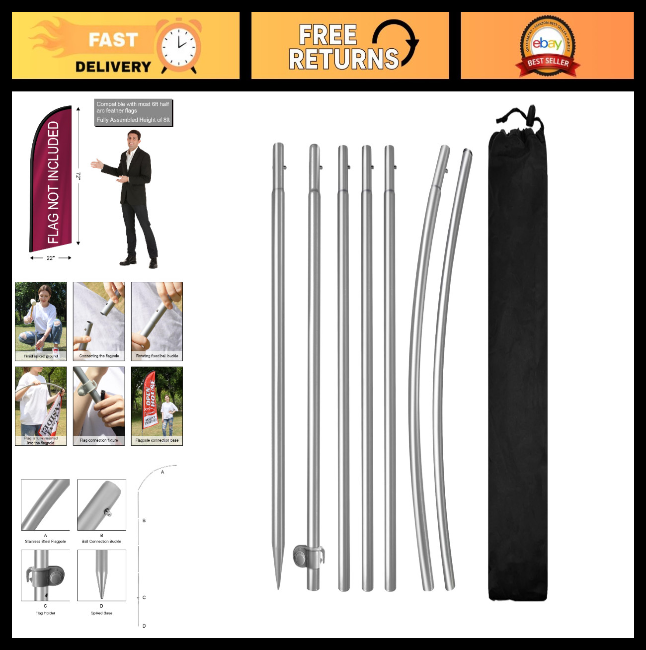 8FT Heavy Duty Feather Flag Pole Kit with Ground Spike & Carry Bag for Outdoor A