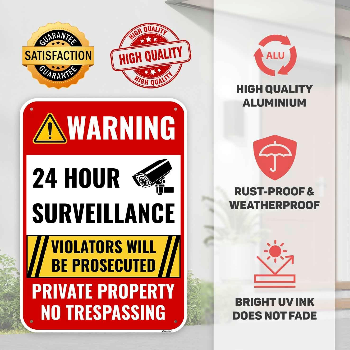 2PC 24 Hour Surveillance Sign, 14 X 10 Inches – Aluminum – Private Property No T