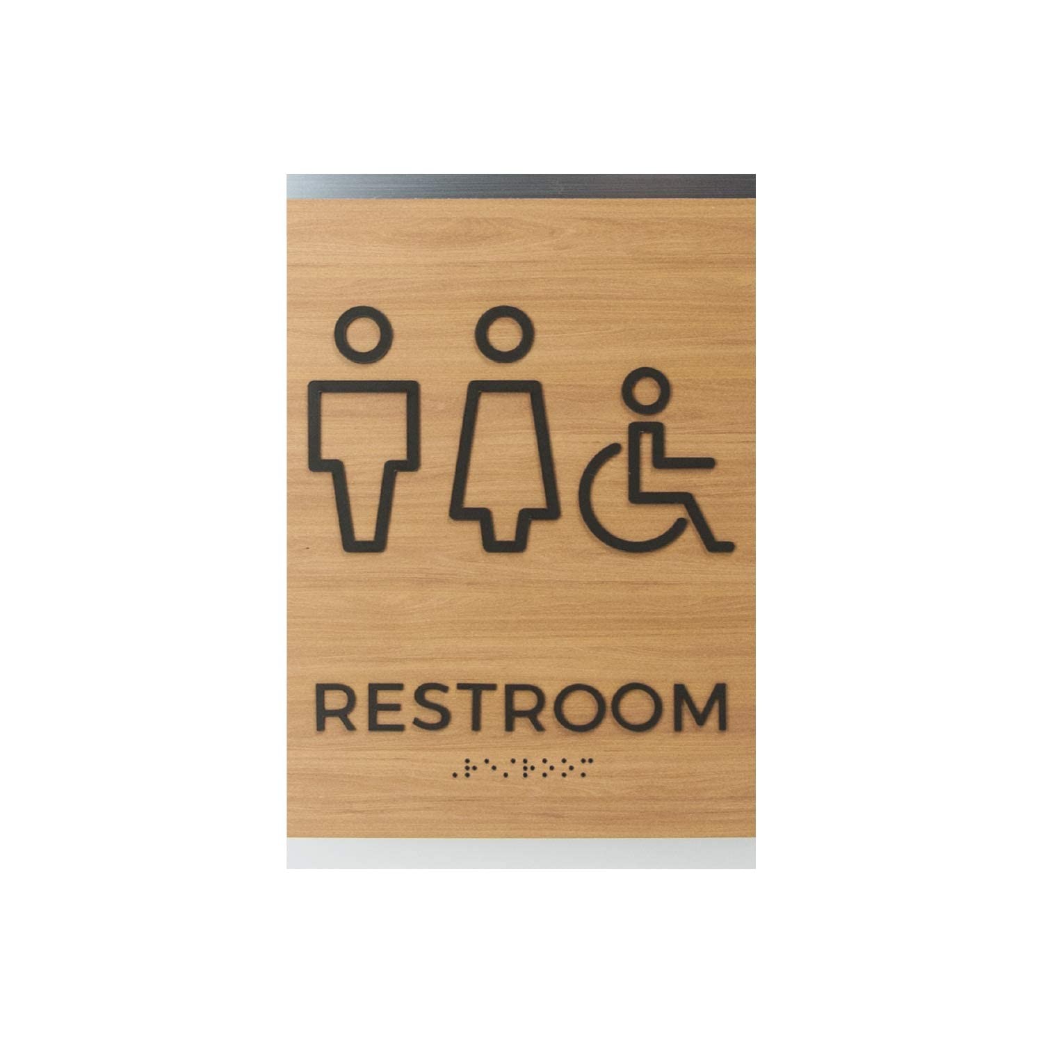 Oak Woodgrain Unisex ADA Restroom Sign 6×9 Inch Wheelchair Access Braille