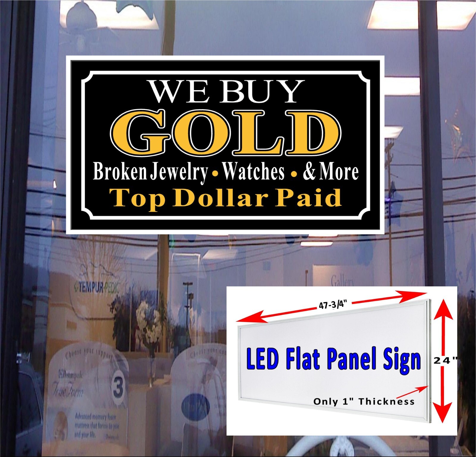 We Buy Gold Broken Jewelry Watches and More LED light box window sign 24″ x 48″