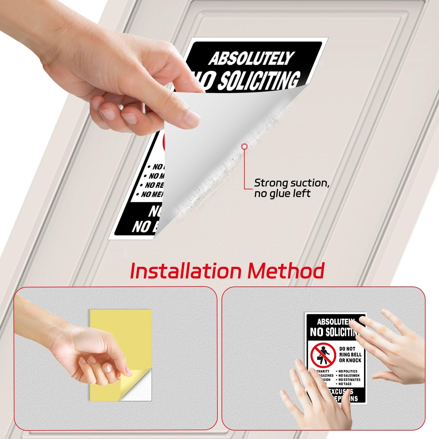 No Soliciting Sign for Front Door, 3 Pack 6x4Inch Reflective Vinyl Stickers