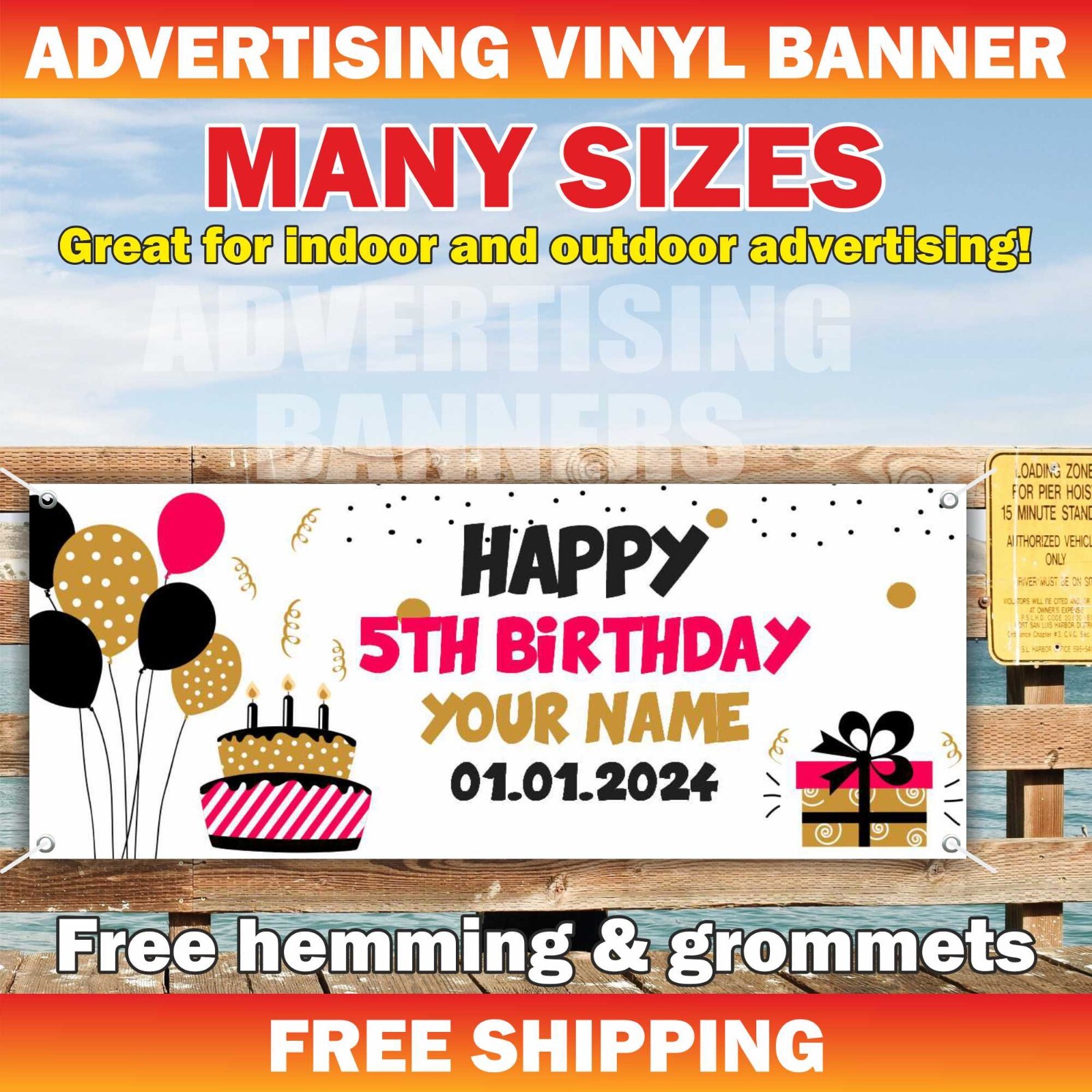 Happy 5th Birthday Advertising Banner Vinyl Sign Custom Name Text Event Holiday