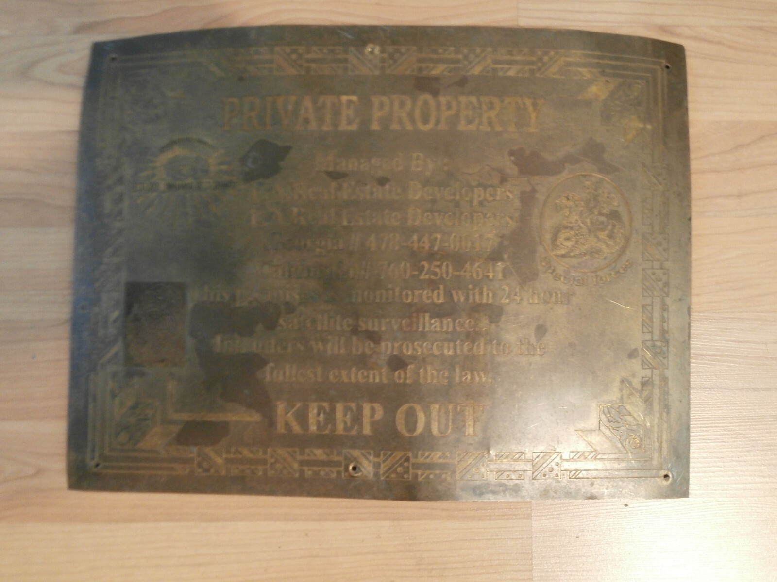 VTG Rare bronze Sign, Very Intricate Etched design “Private Property” Keep Out