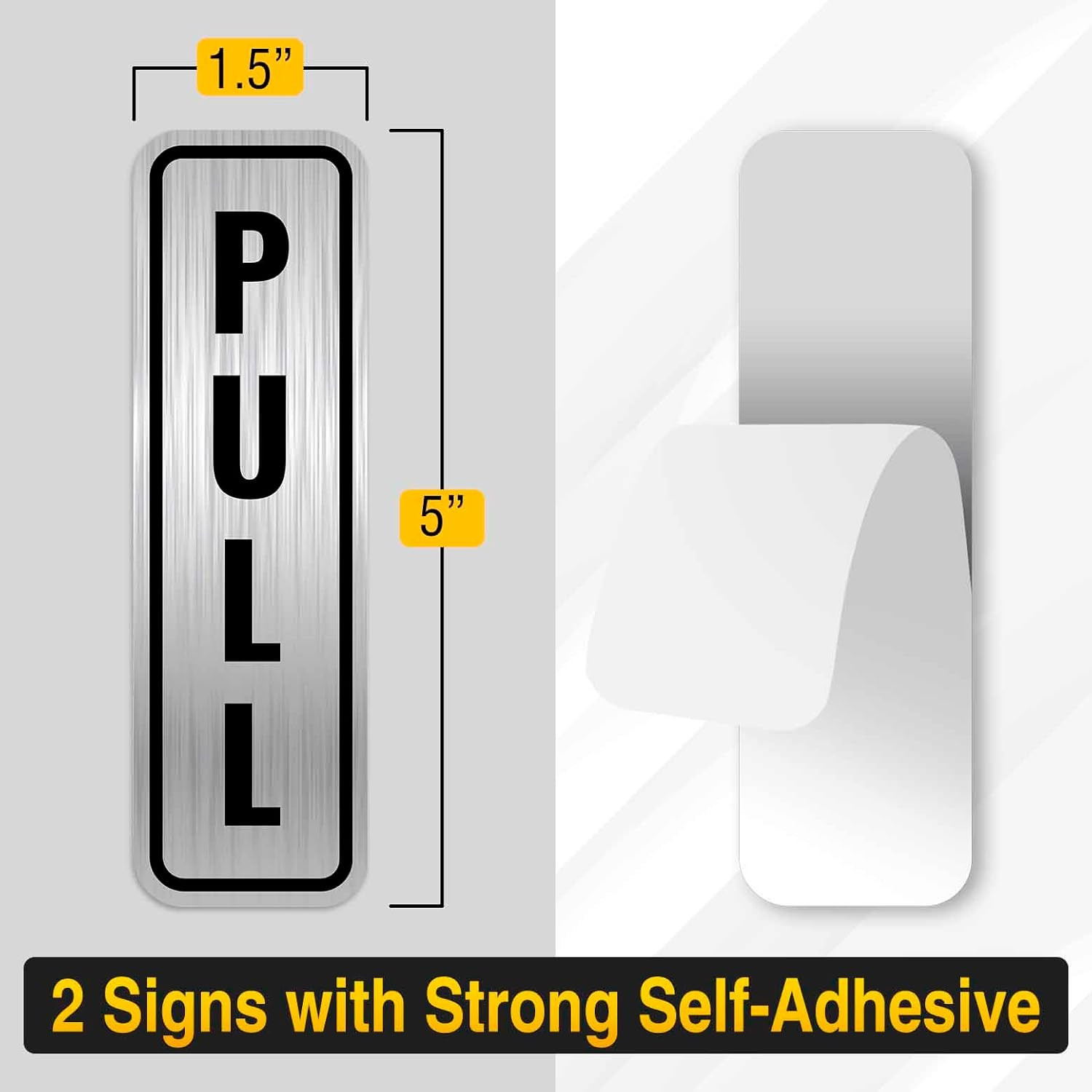 2PC Push Pull Sign Sticker for Doors, 5 X 1.5 Inches – Brushed Silver Aluminum –