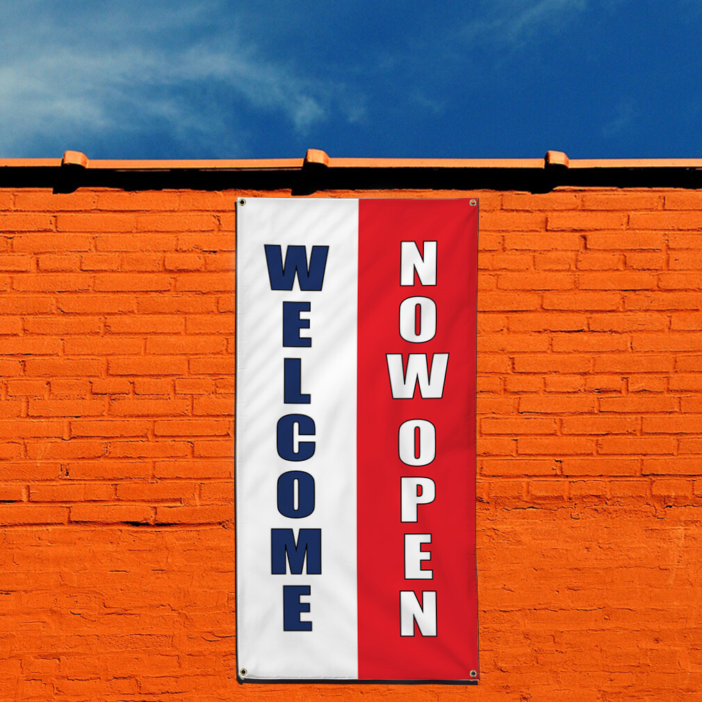 Vertical Vinyl Banner Multiple Sizes Welcome Now Open Promotion Business Outdoor