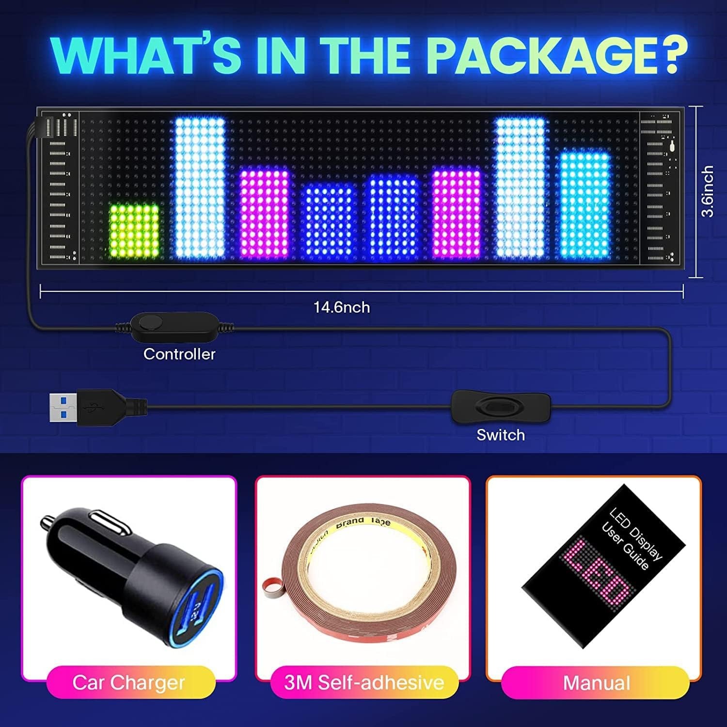 Programmable LED Car Sign – Bluetooth Controlled Scrolling Display, 15”x4”