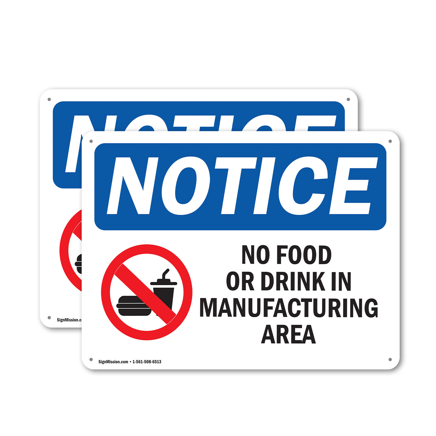 (2 Pack) No Food Or Drink In Manufacturing Area OSHA Notice Sign Decal Metal
