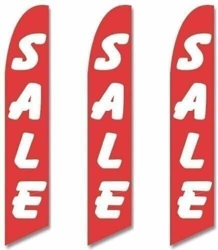 Three (3) Pack Full Sleeve Swooper Flags SALE Red with Big White Text