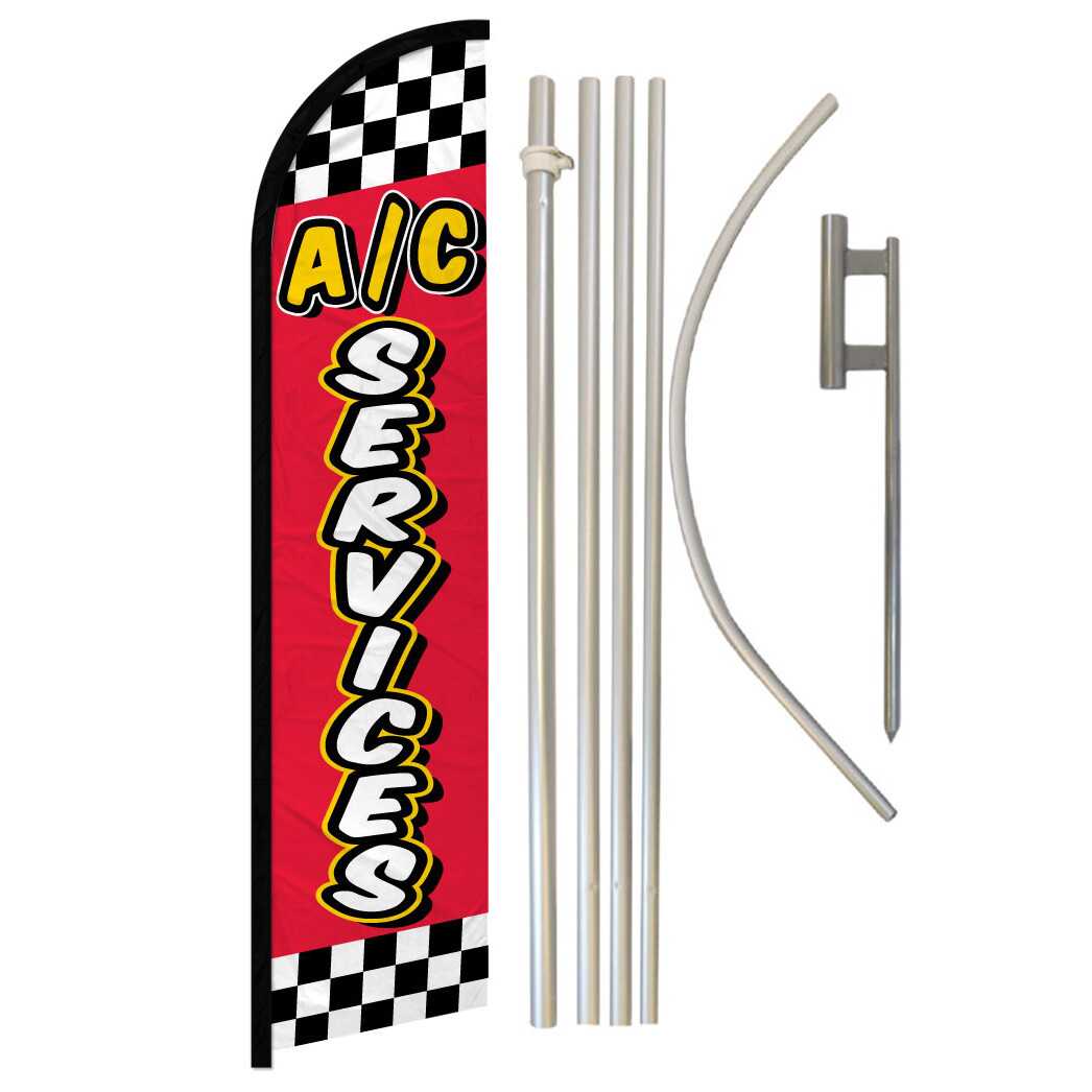 A/C Service Full Curve Windless Swooper Flag Pole Kit Mechanic RED