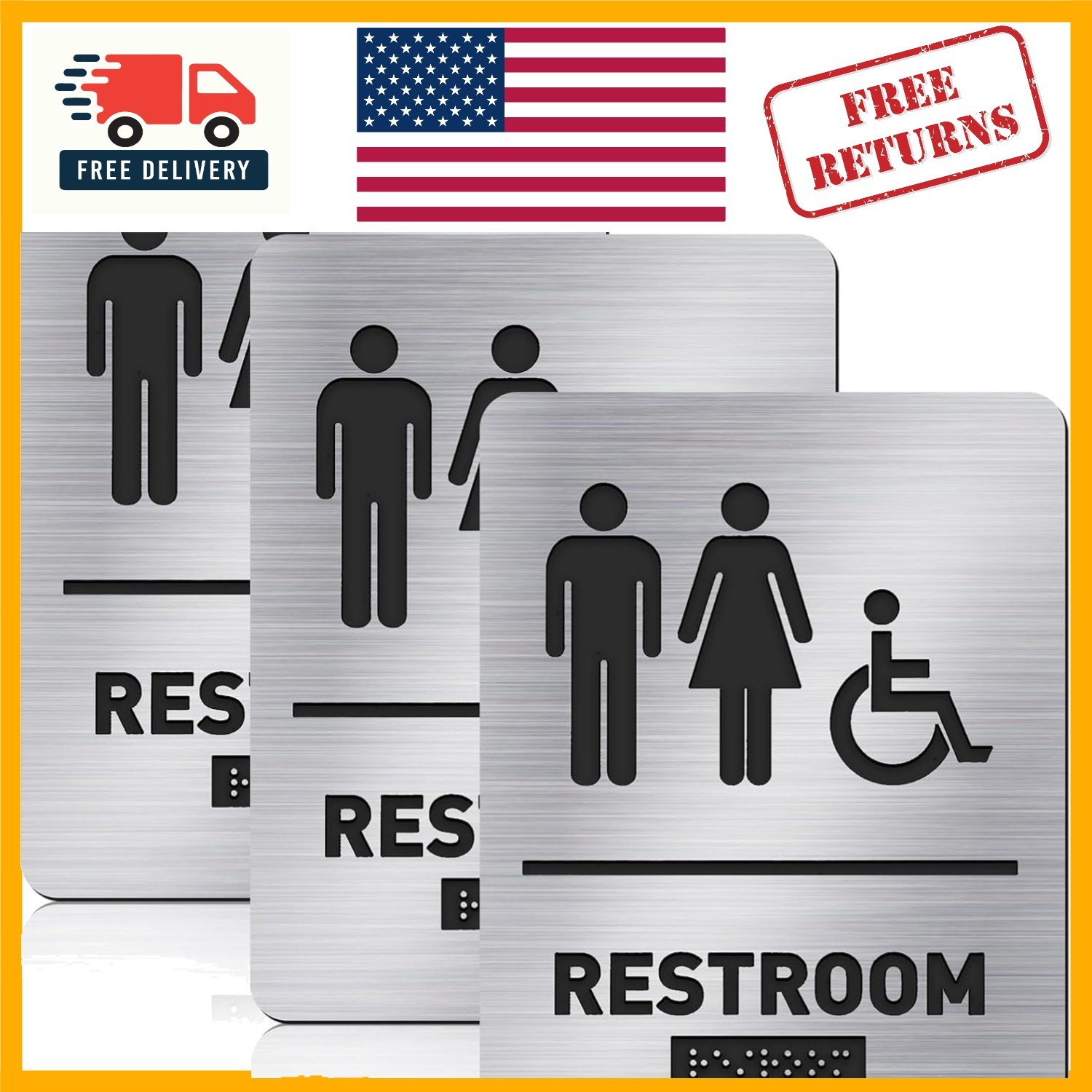Silver Handicapped Bathroom Sign with Braille – Easy Wall Mount, 6×8 in