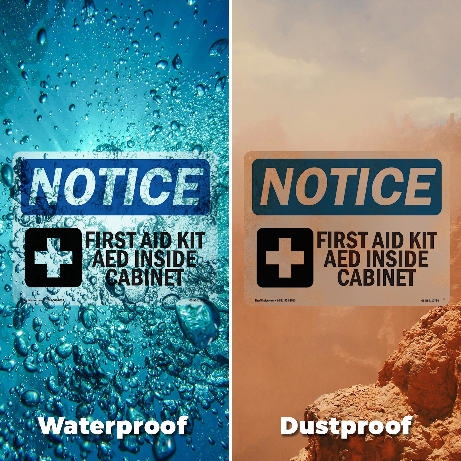 First Aid Kit AED Inside Cabinet OSHA Notice Sign Metal, Decal – 5 or 10 Pack