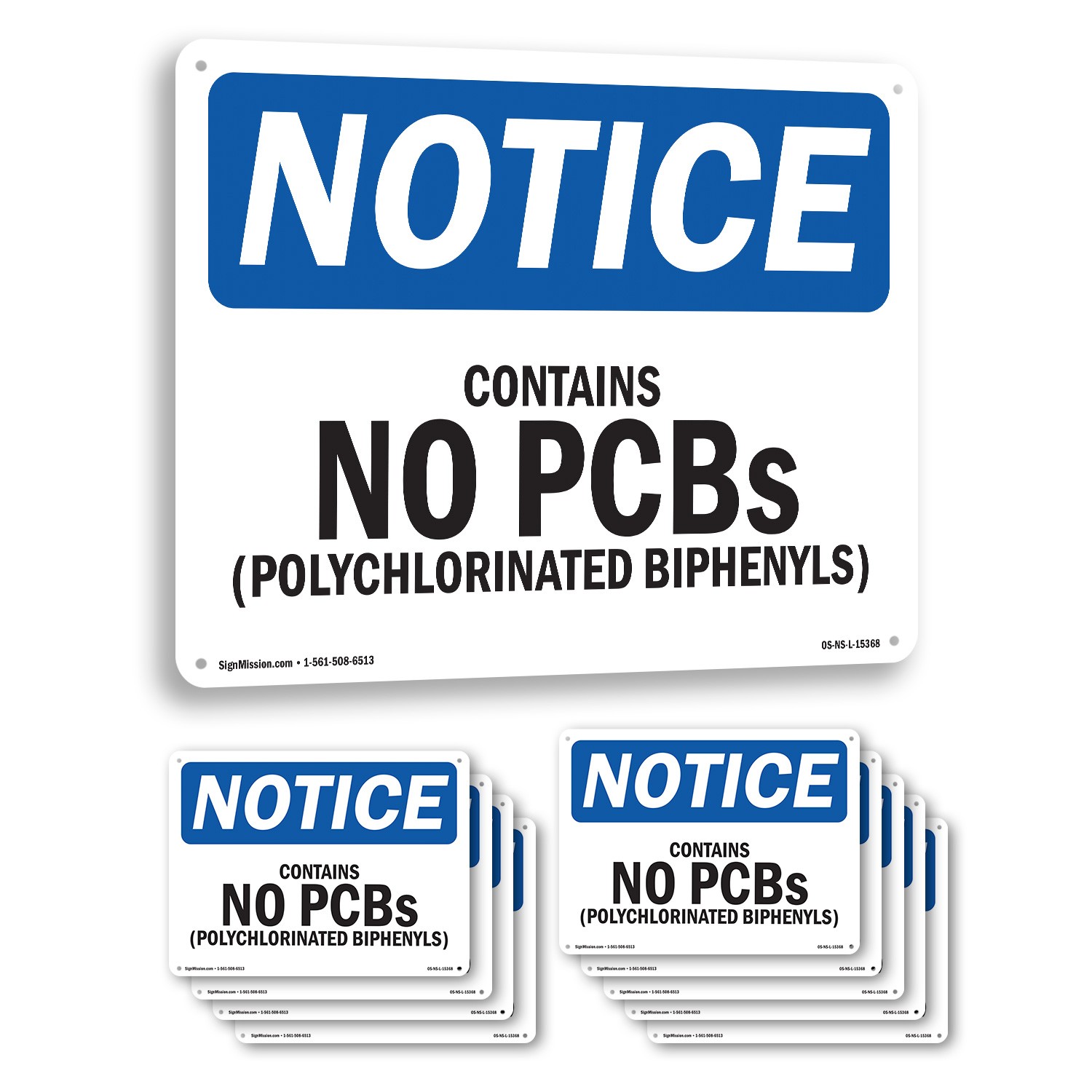 Contains No PCBs Polychlorinated Biphenyls OSHA Notice Sign, Decal 5 or 10 Pack