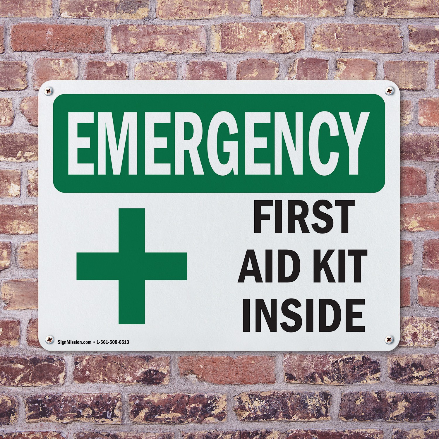 (2 Pack) First Aid Kit Inside With Symbol OSHA Emergency Sign Decal Metal