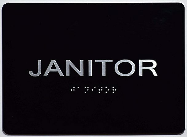 Janitor Sign Black With Braille and Raised Letters (Aluminum, Size 5×7)
