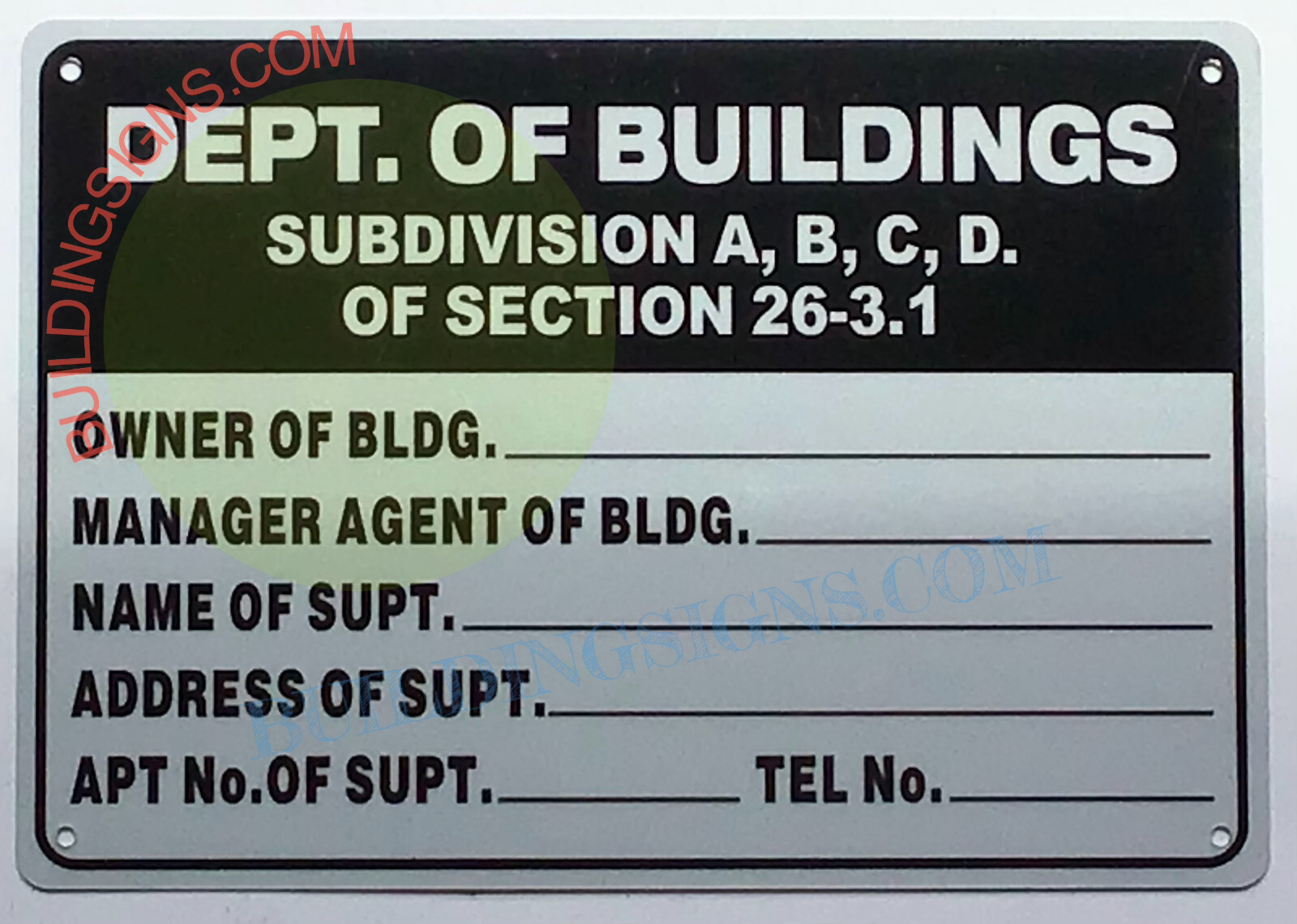 DEPT OF BUILDING SUBDIVISION ABCD SIGN (7X10, White, Aluminum)