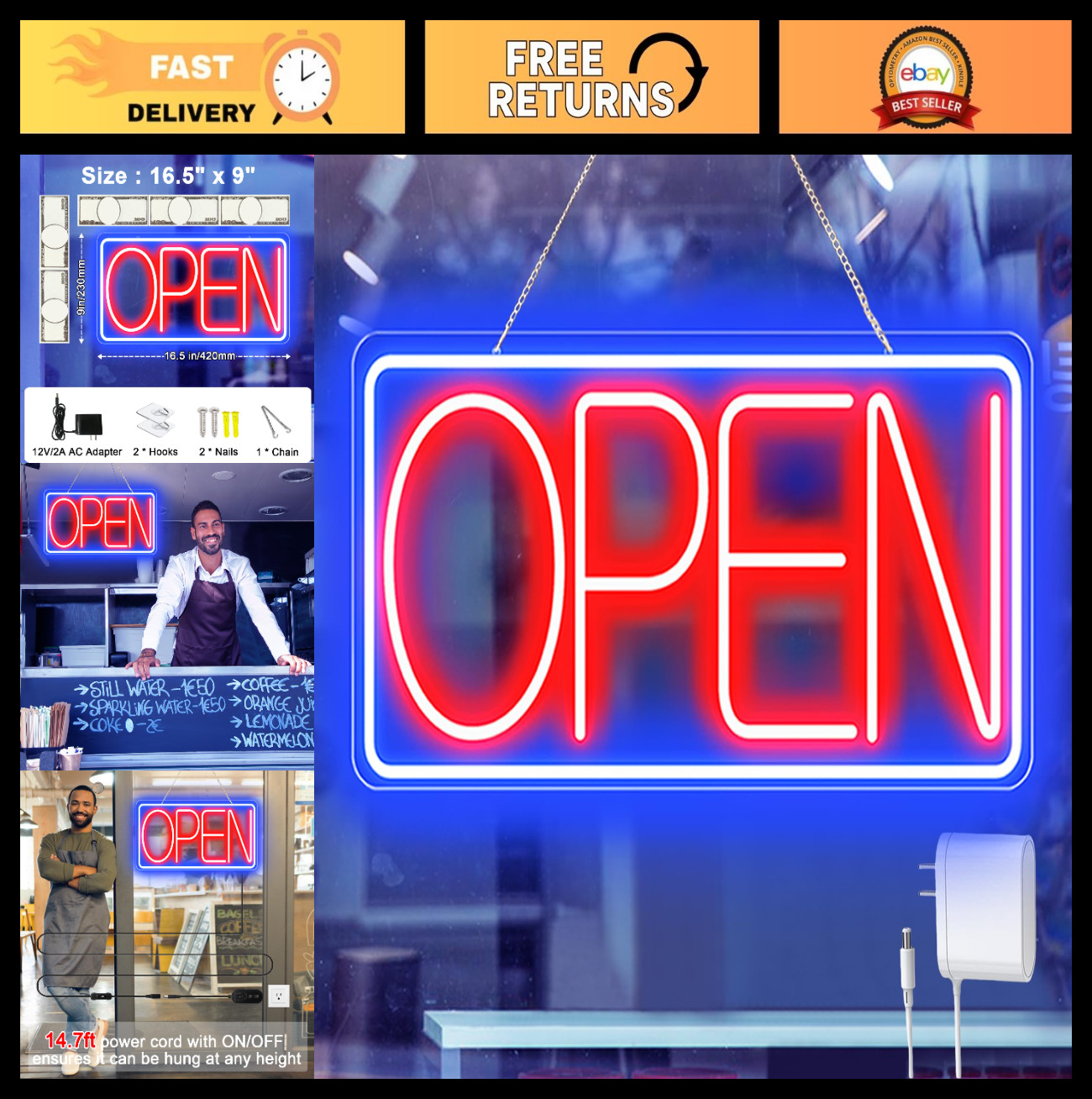 Ultra Bright 16.5″ X 9″ LED Neon Open Sign – Plug In Light Up Sign for Bar, Salo