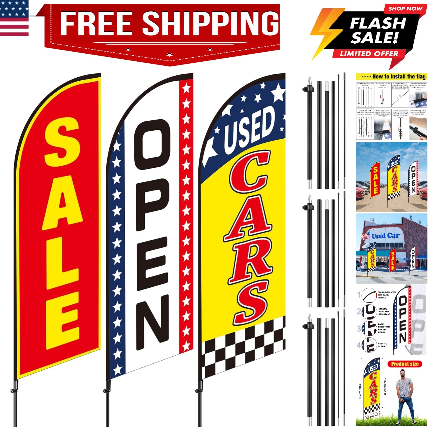 3 Pcs Used Cars Flag 7 x 5.4 ft Car Auto Dealer Swooper Feather Flags Kits Se…