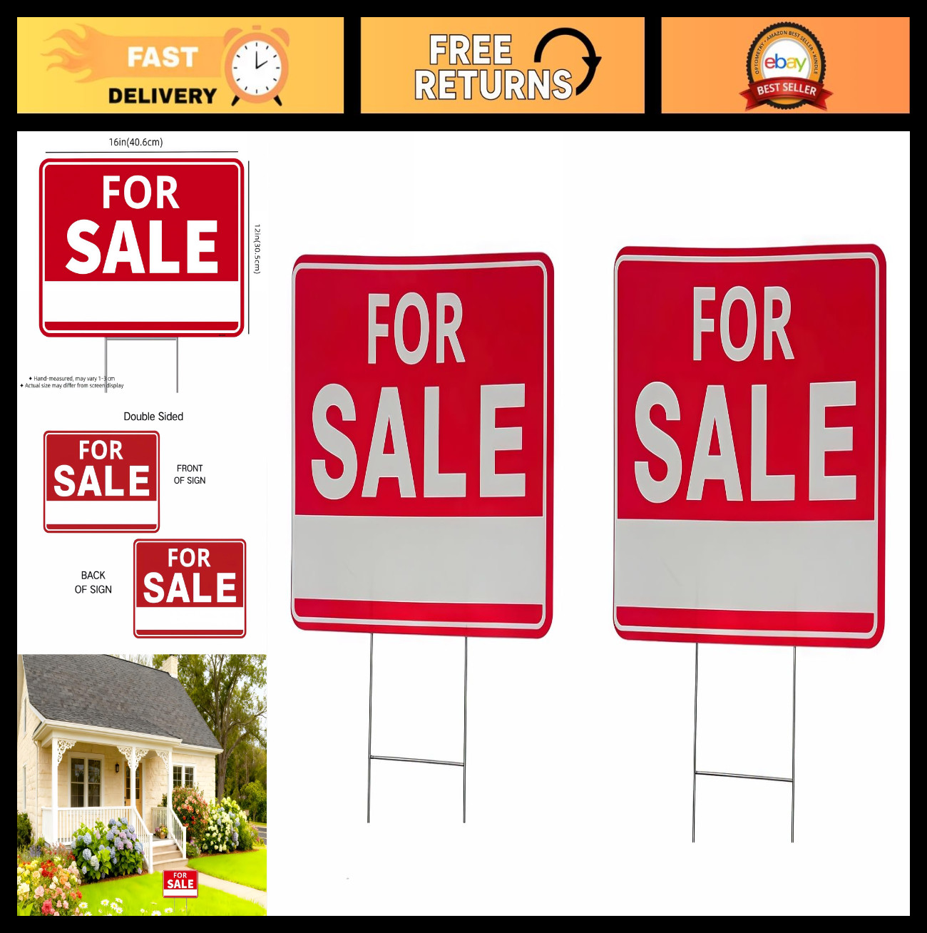2-Pack Double-Sided For Sale Signs 16×12″ Heavy Duty Waterproof Yard Signs w/H-S
