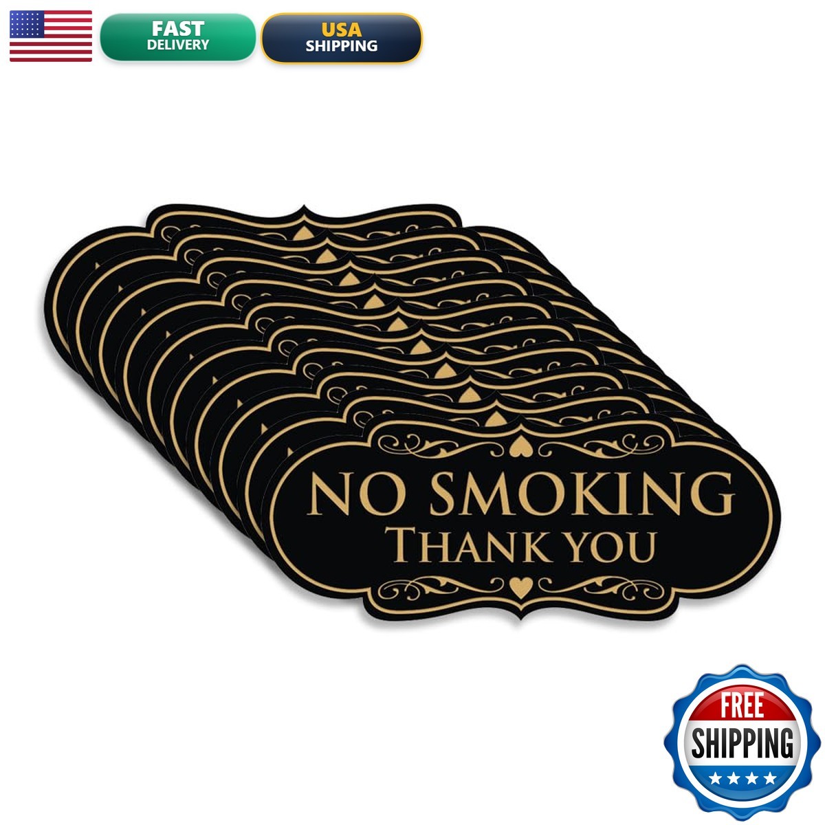 All Quality No Smoking Thank You Sign – Black/Gold Small (10 Pack)