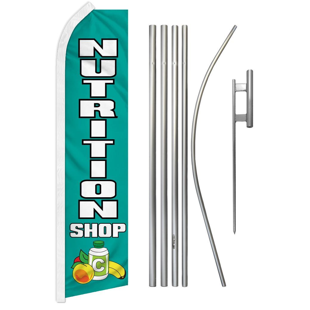 “NUTRITION SHOP” Advertising Super Flag & Pole Kit vitamin mineral muscle work