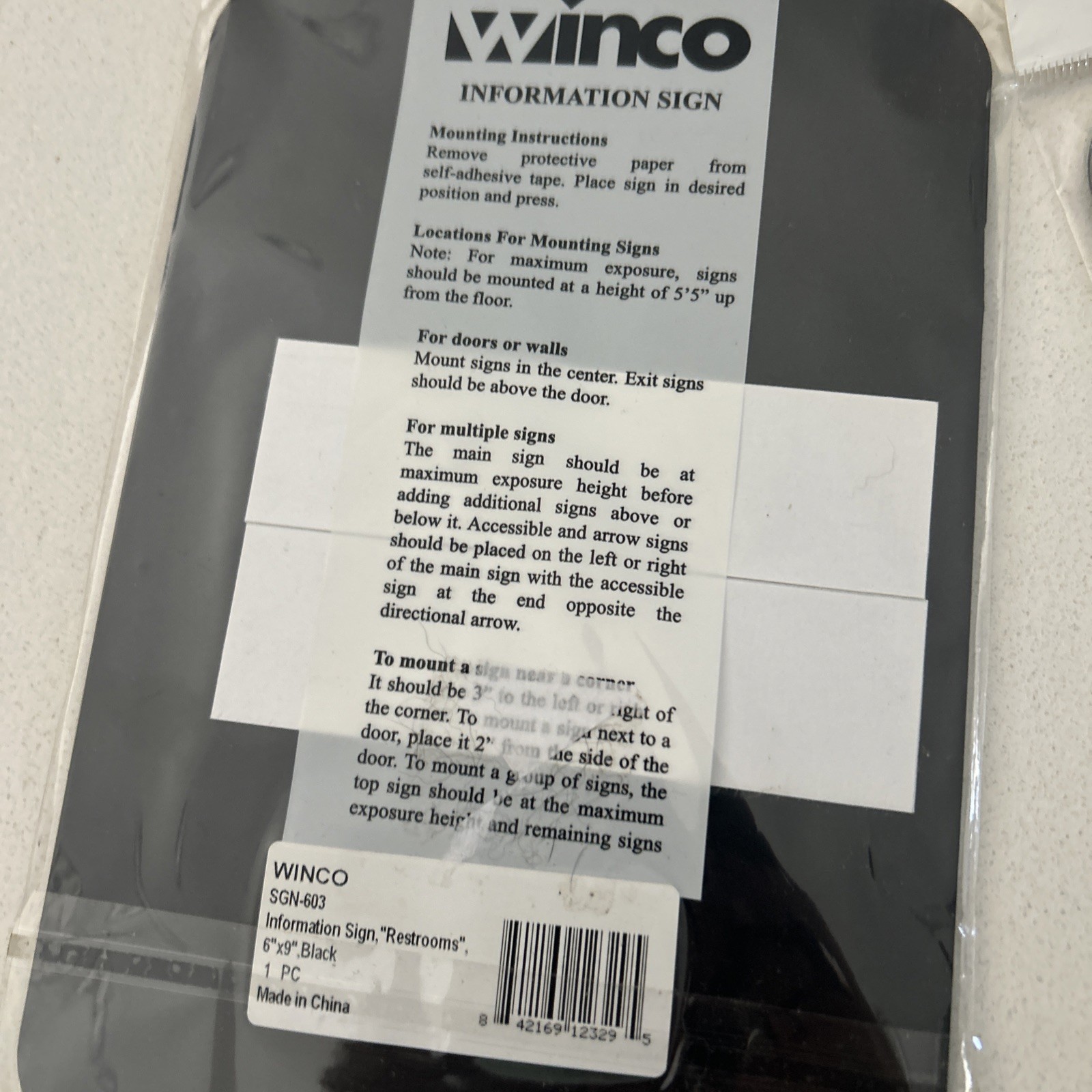 3 Winco Unisex Male, Female Restroom sign Black Plastic Adhesive