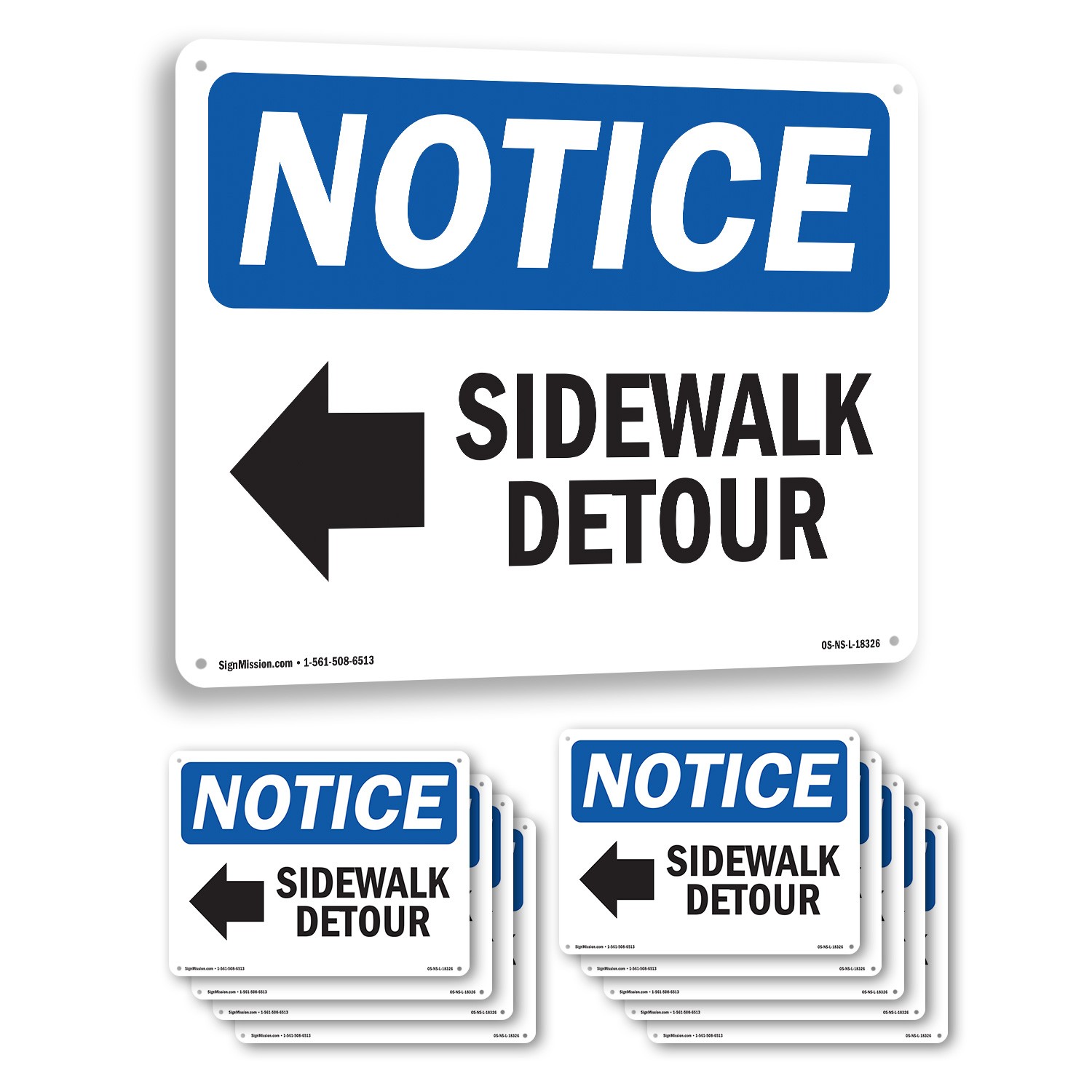 Sidewalk Detour [Left Arrow] OSHA Notice Sign Metal, Plastic, Decal 5 or 10 Pack
