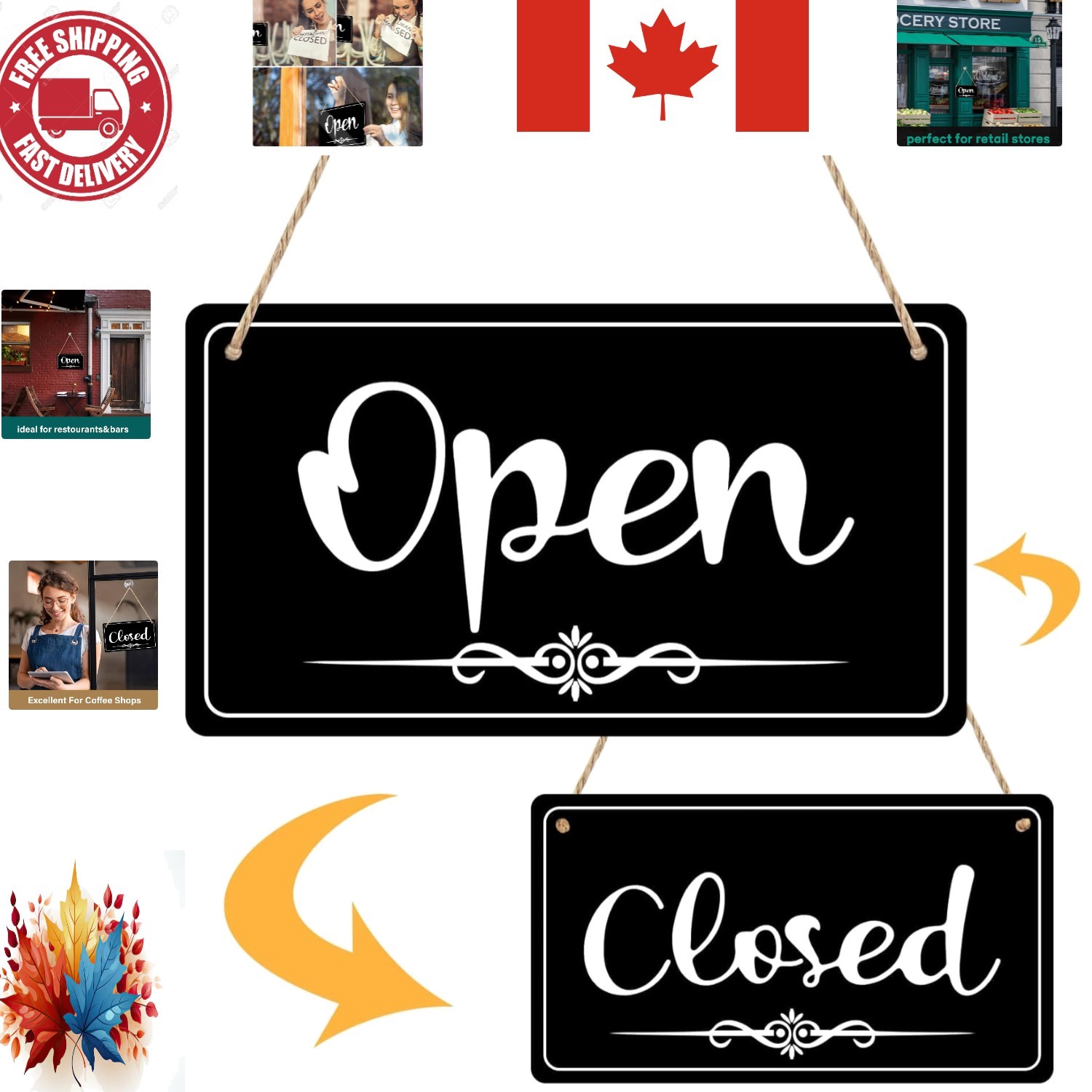 Elegant Double-Sided Open Closed Sign for Business Hours – 11×6.1 Inch Black