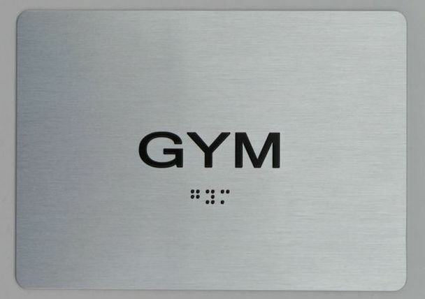 Gym Sign With Braille and Raised Letters (Aluminum, Silver, Size 5X7)