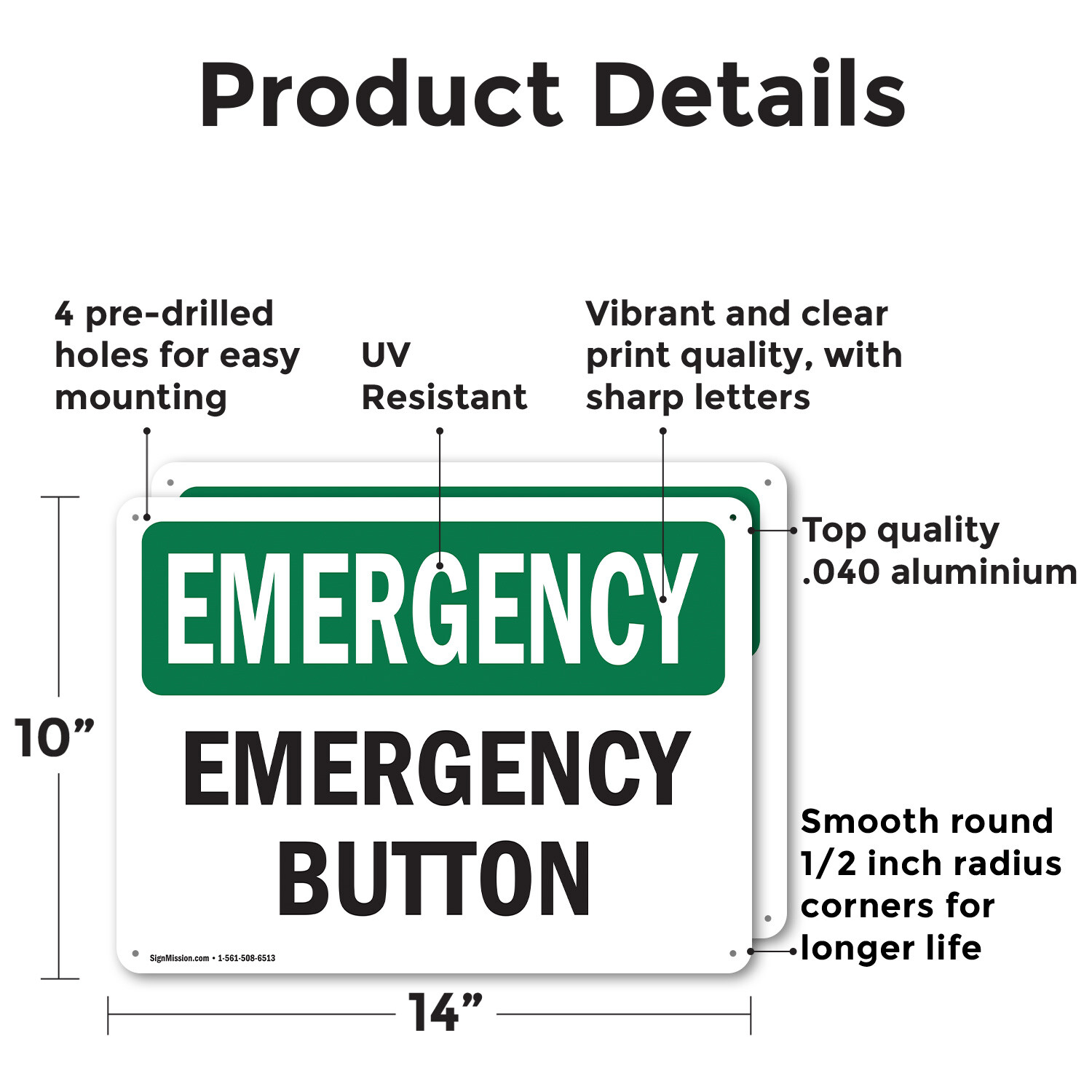 (2 Pack) Button OSHA Emergency Sign Decal Metal Plastic