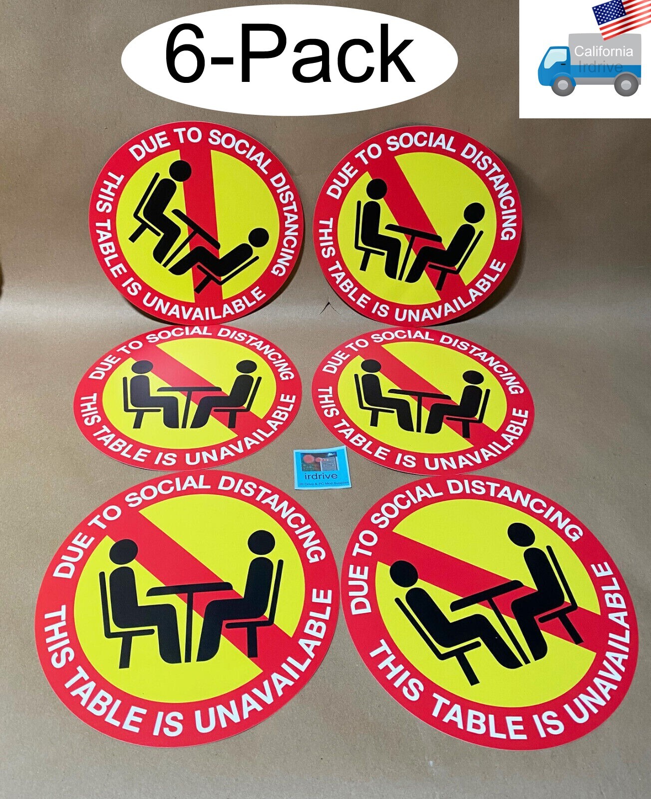 NEW 6-Pack: SOCIAL DISTANCING Restaurant TABLE UNAVAILABLE Vinyl Sticker 9″ Sign