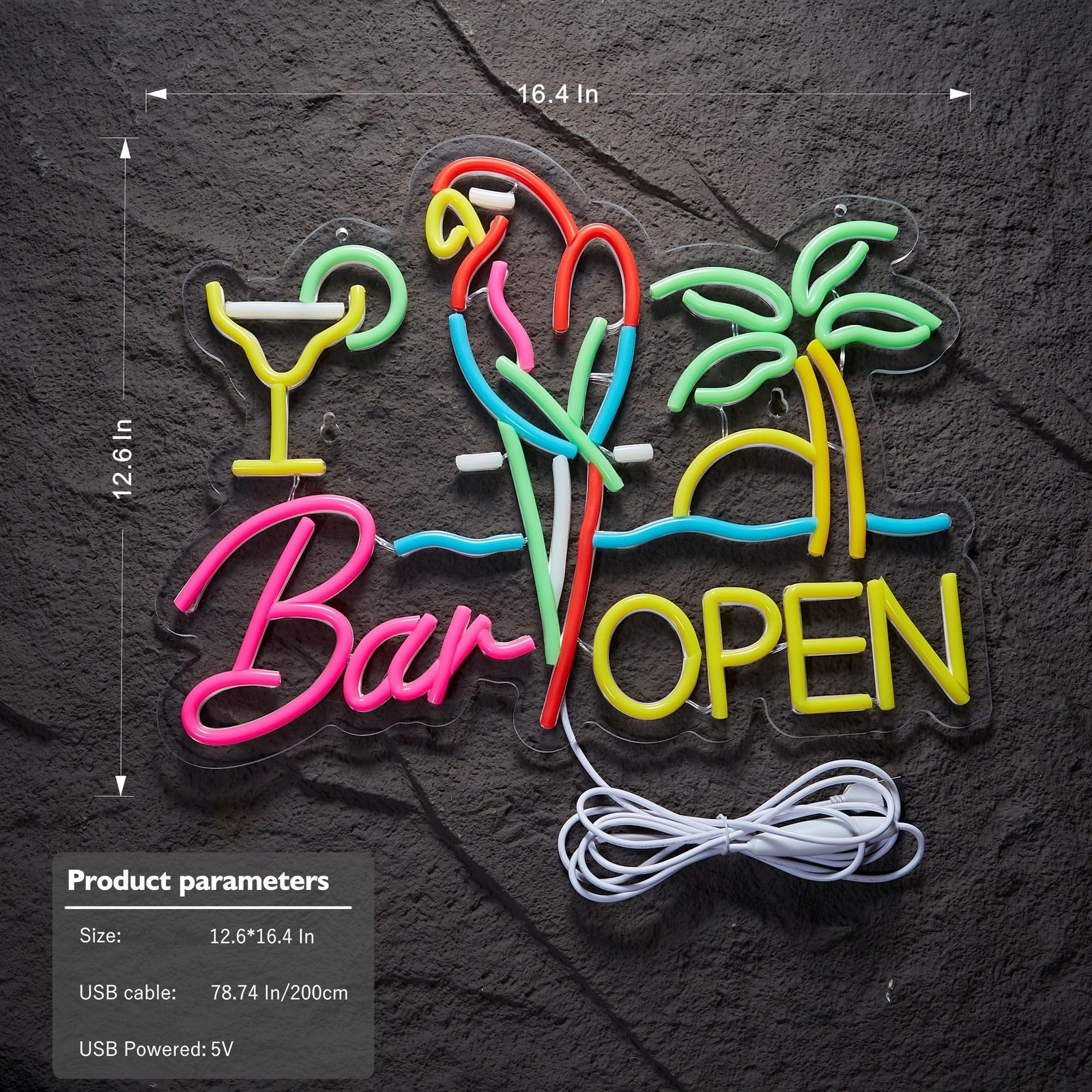 Bar Open Neon Sign for Wall Decor, Parrot Open Beer Bar LED Light Up Dimmable…