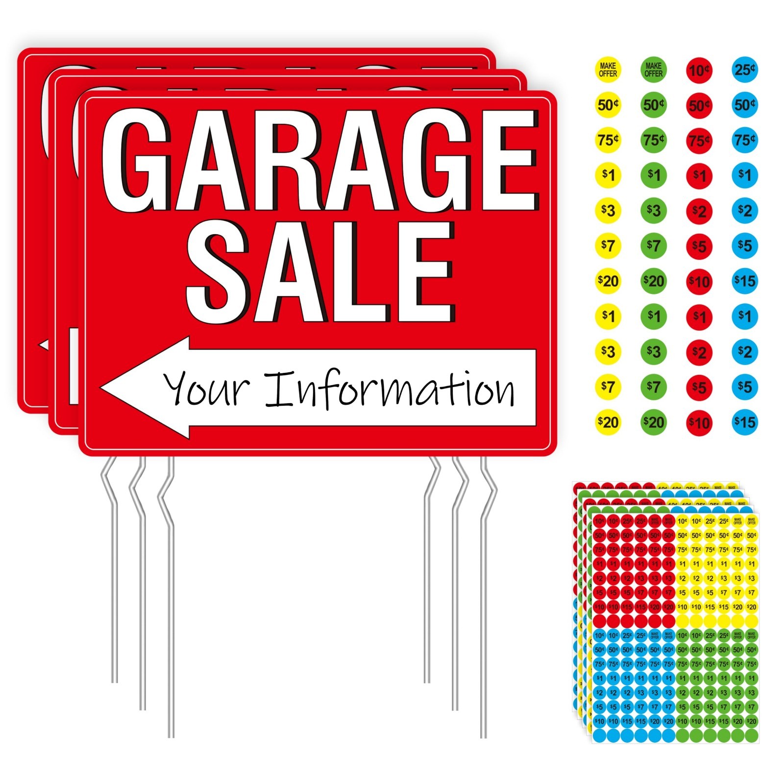 3PCS Double-Sided Garage Sale Signs with 6 Metal Stakes & 960 Price Labels – Flu